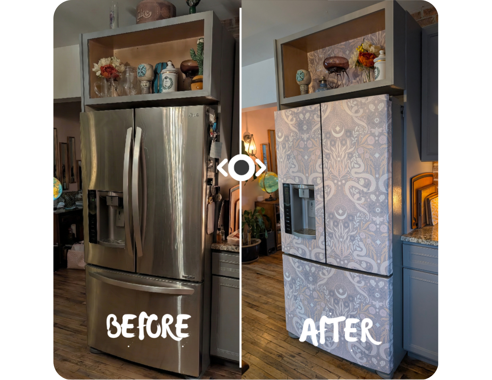 Side-by-side comparison of a refrigerator before and after a transformation. The 'before' shows a stainless steel LG refrigerator with a water and ice dispenser, in a kitchen with wooden flooring. The 'after' displays a fridge covered with a decorative white patterned adhesive or paint, matching the kitchen cabinetry, with the same side view.
