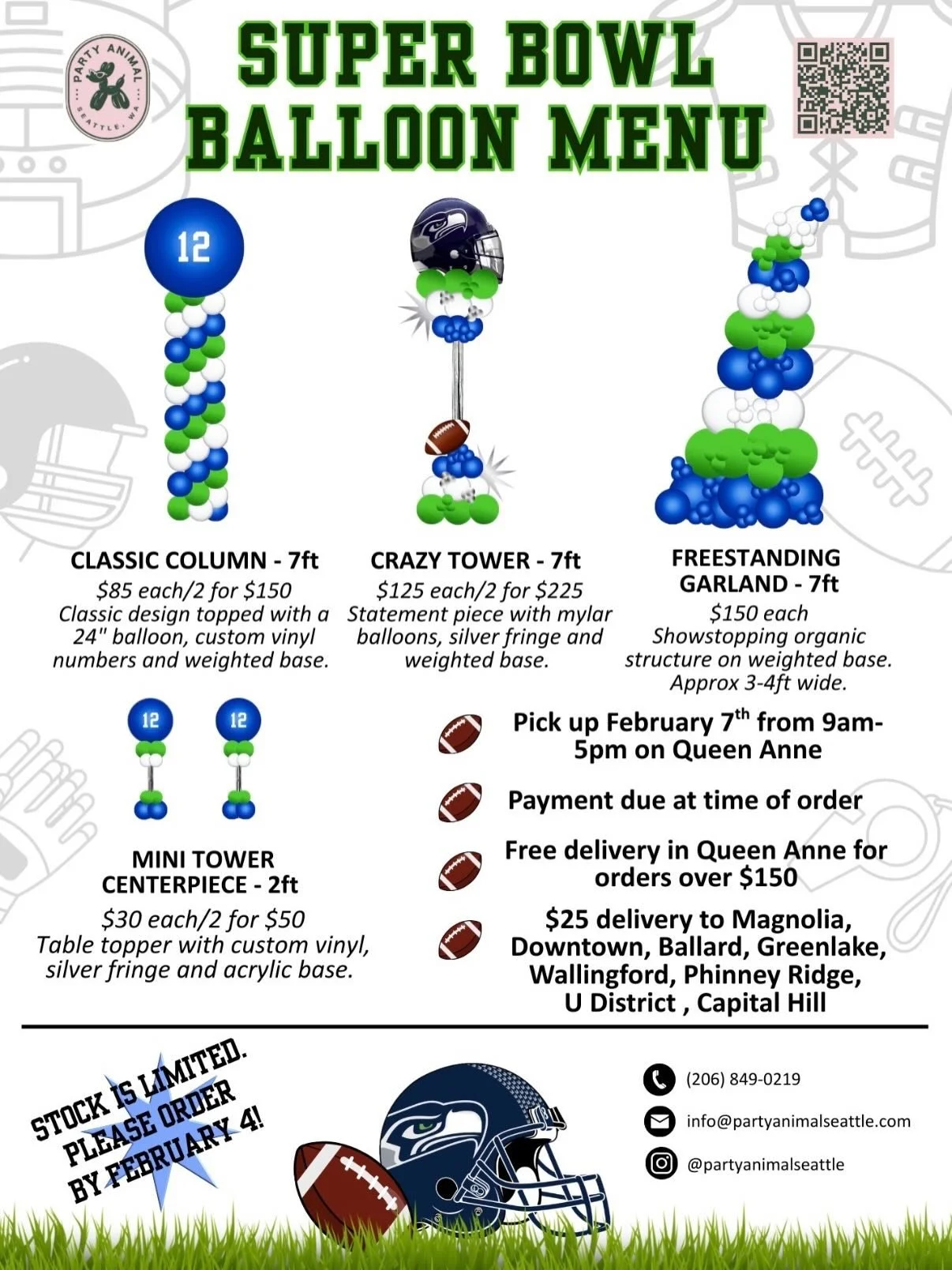 Here is our official Super Bowl balloon menu! We have a variety of options to support the Seahawks this upcoming weekend for the Super Bowl! Weather your hosting a small gathering our just want to show your Seahawk love, these balloons are a great ad
