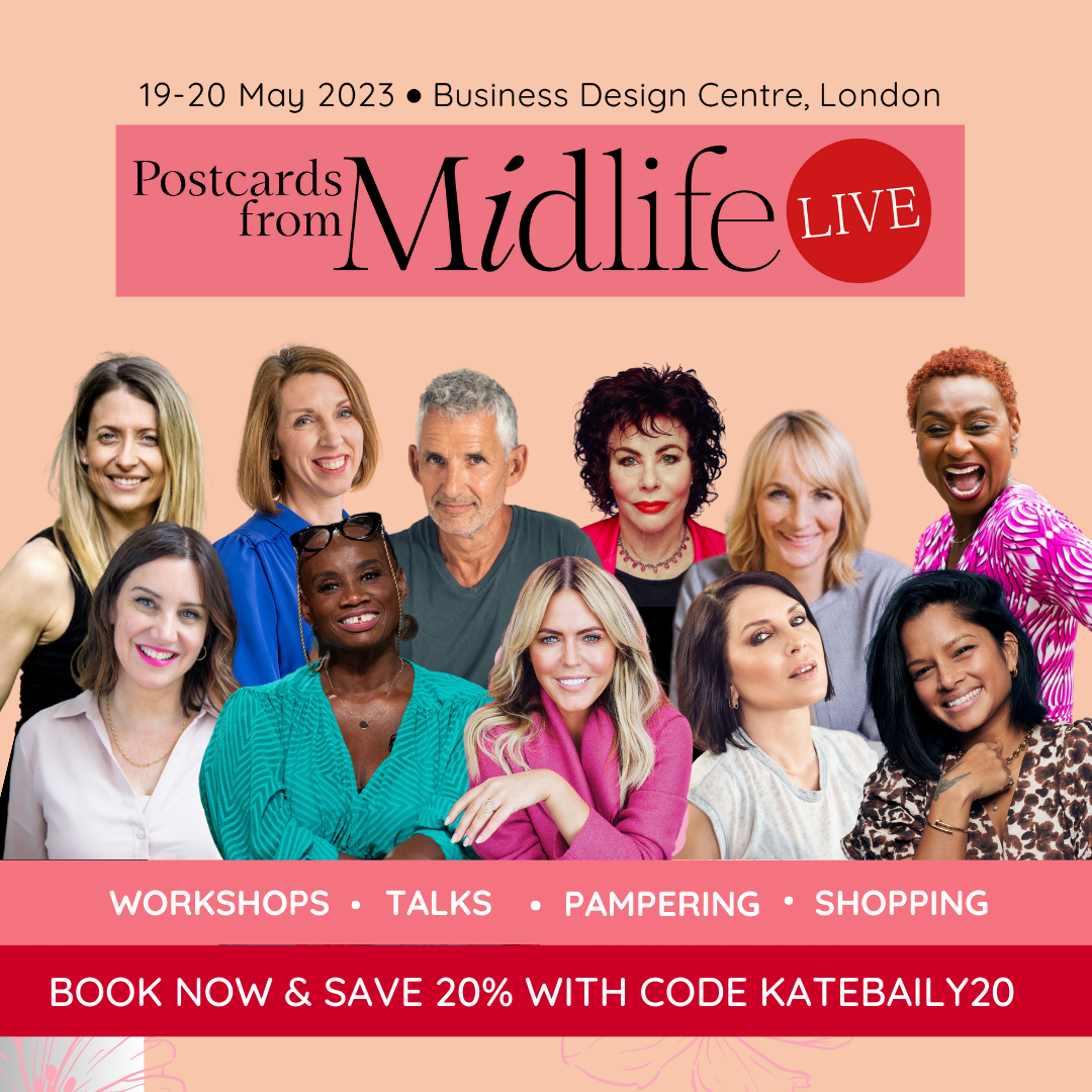 Postcards From The Midlife promotional image featuring Kate Baily, founder of Love Sober