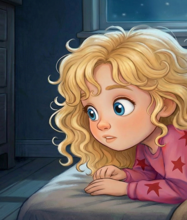 Lolli lies in bed looking at the starry night.