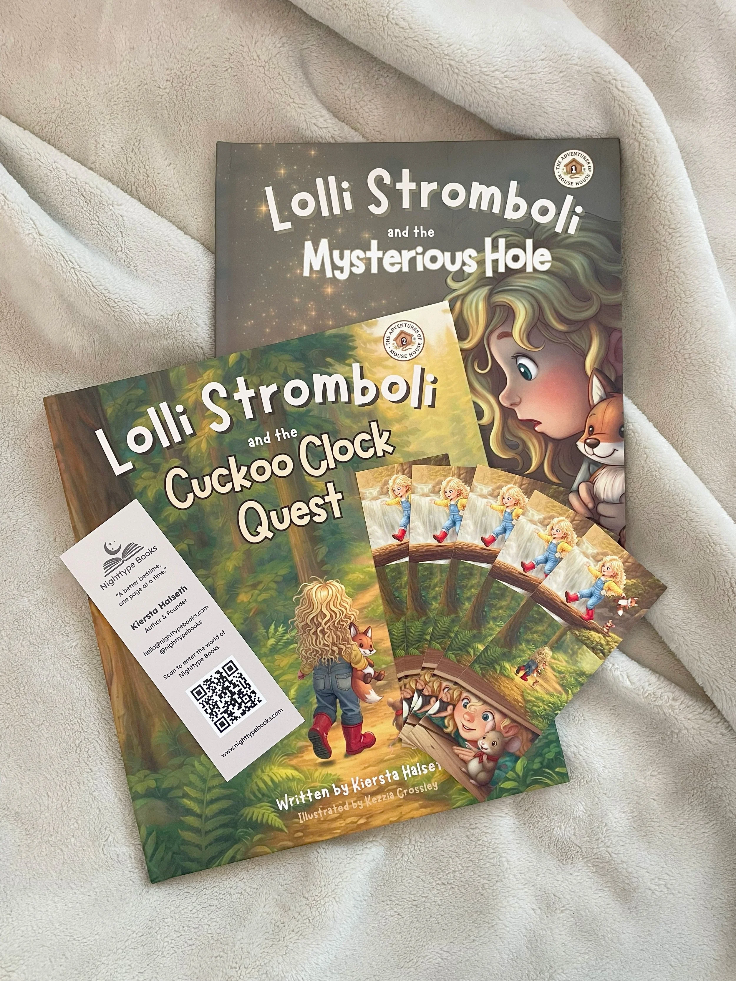 Nighttype Books children's book collection featuring Lolli Stromboli and the Mysterious Hole and Lolli Stromboli and the Cuckoo Clock Quest with bookmarks and author materials for schools, libraries, and retailers.