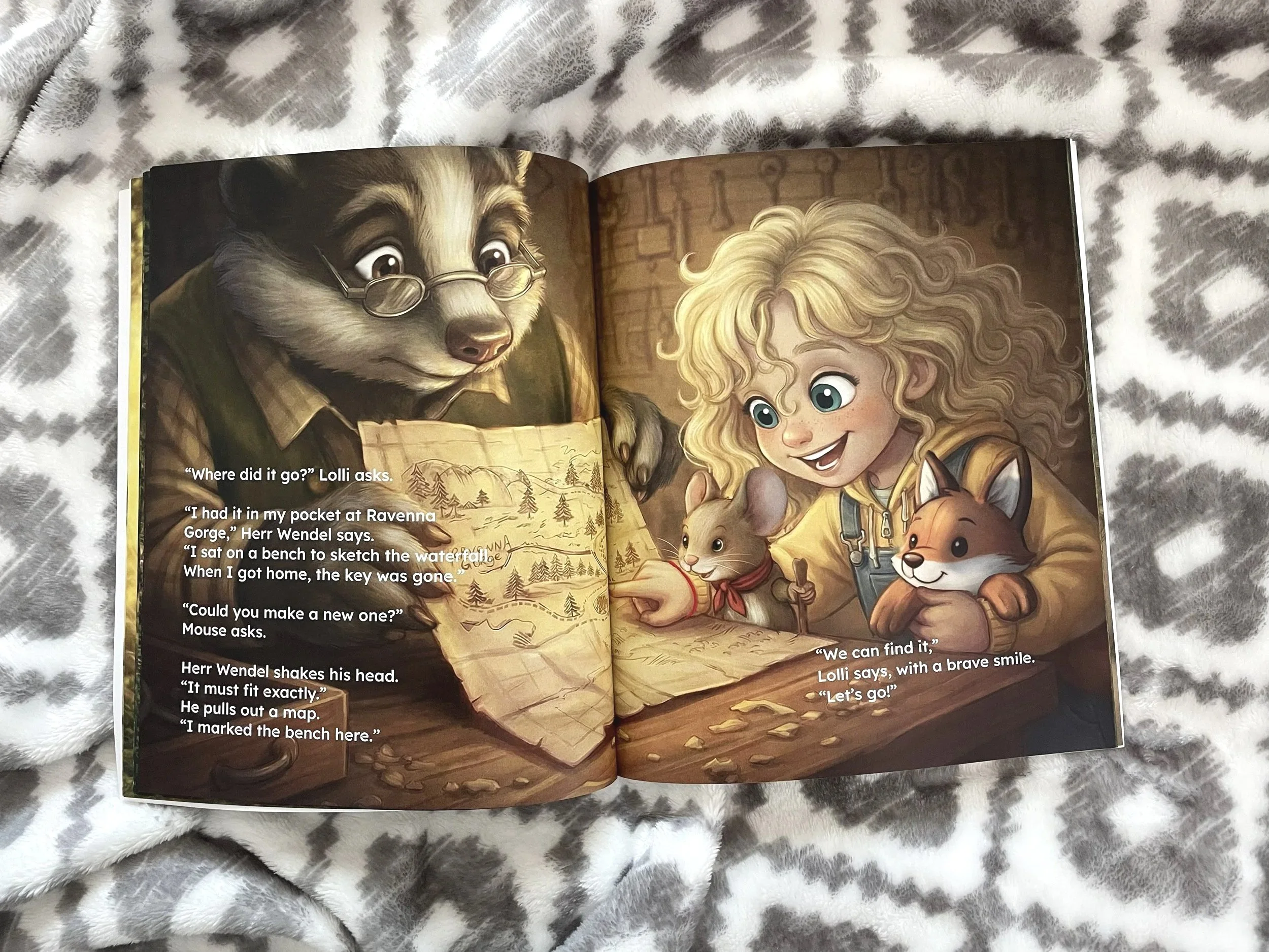 Open spread from Lolli Stromboli and the Cuckoo Clock Quest showing Lolli, Mouse, and Herr Wendel studying a map together during a reading adventure.