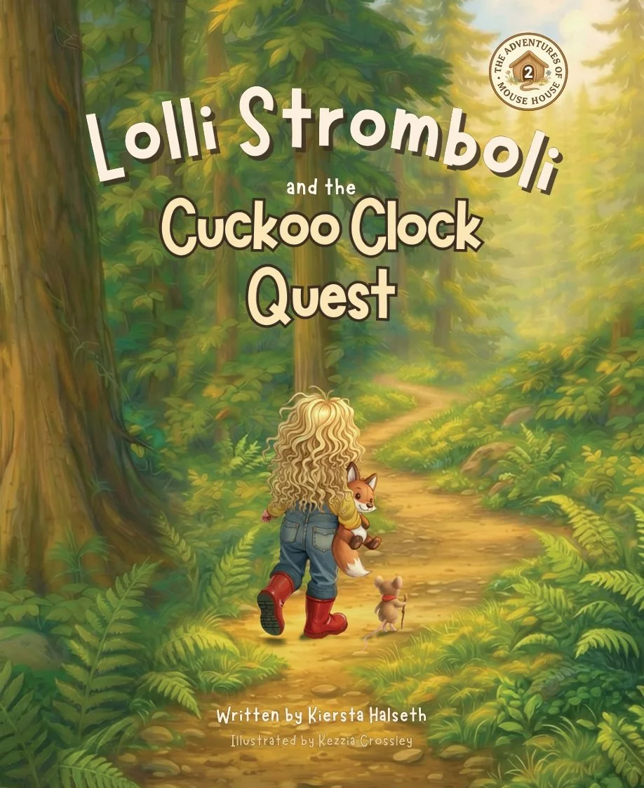 Cover of Lolli Stromboli and the Cuckoo Clock Quest, showing Lolli walking along a forest path in Germany’s Black Forest with Mouse and Scout.
