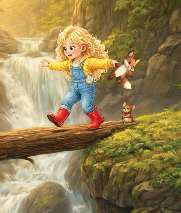 Young girl carefully crossing a fallen tree over a stream in the Black Forest, holding a stuffed fox while a small mouse follows behind