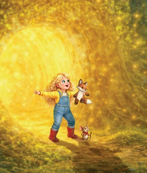 Lolli Stromboli, Scout, and Mouse begin their adventure in a magical forest illustration from the Nighttype Books series.