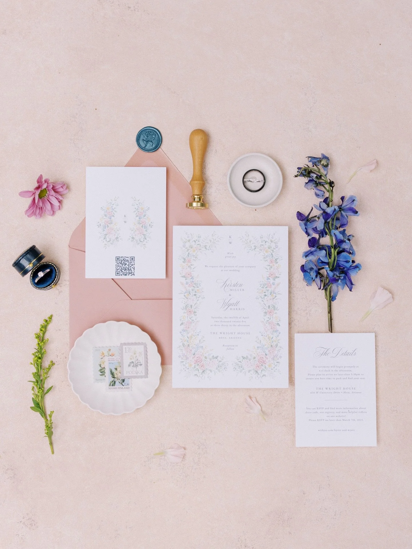 Your details are the first chapter of your story.

Before the vows, before the first dance, before any of it, these are the things you chose. The rings, the stamps, the invitation suite, and the florals. 

Couples who are intentional about the small 