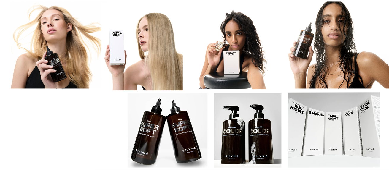 Four women holding hair care products, including bottles and boxes, with additional bottles of hair serum, shampoo, and printed product brochures displayed below.