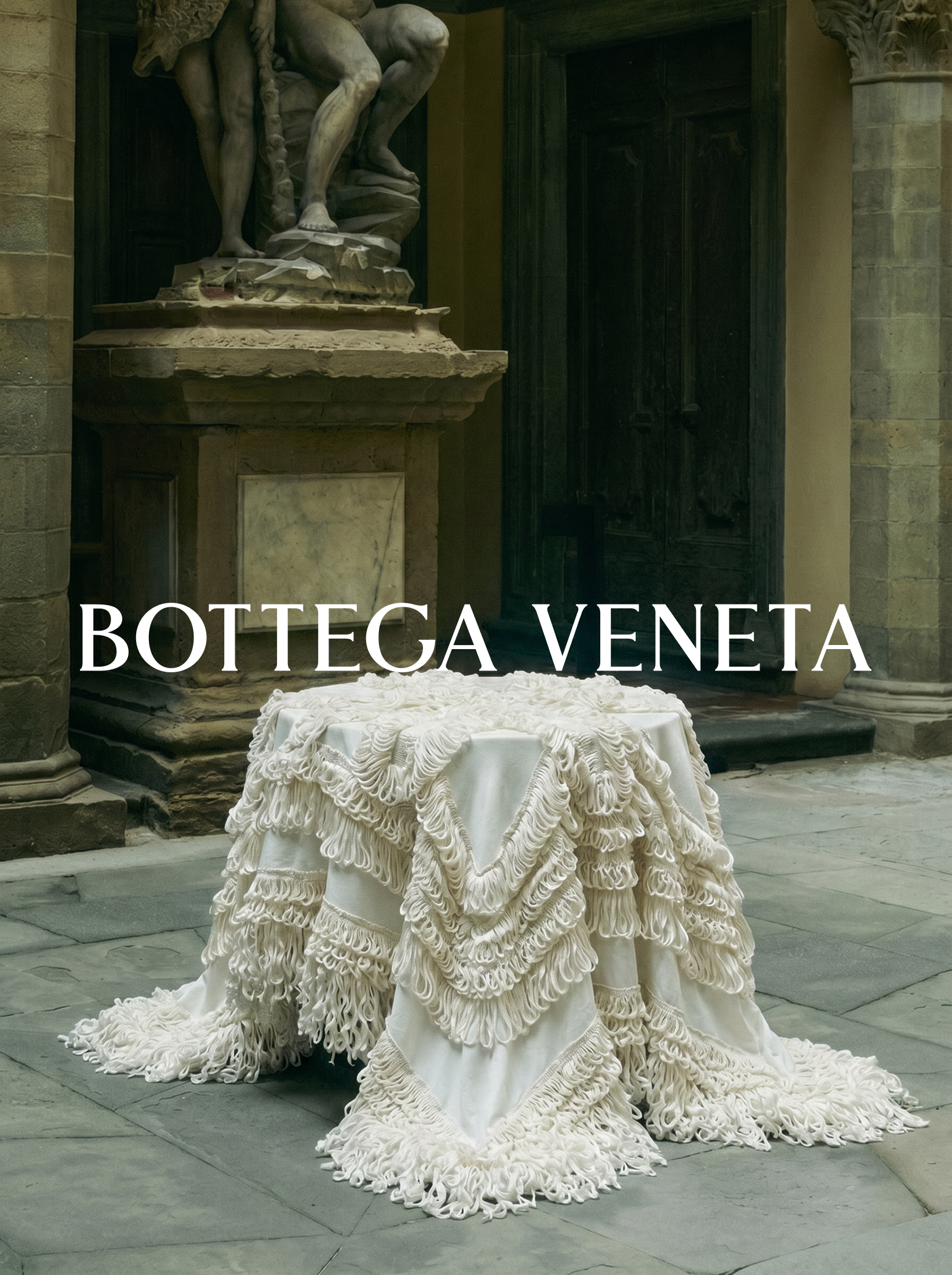 An ornate white tablecloth with ruffled and textured fabric draped over a table, set in a historic building with stone and wood architectural elements.