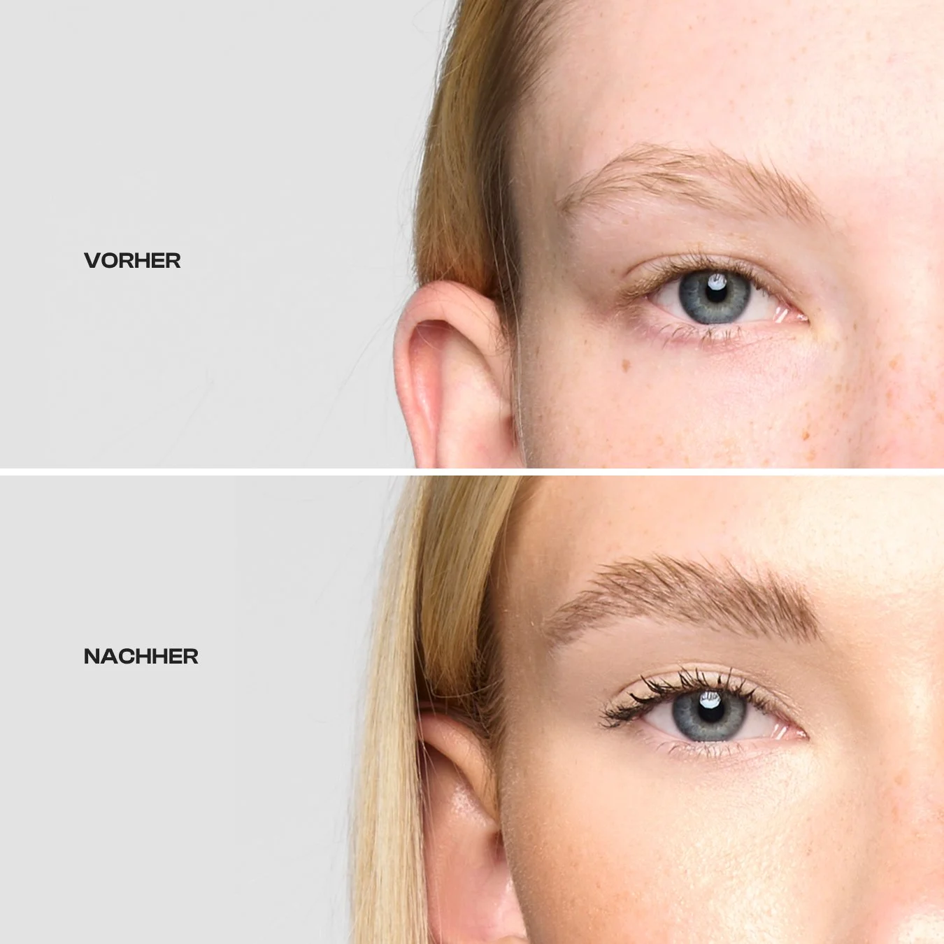 Comparison of a woman's eye and eyebrow before and after makeup application, labeled 'Vorher' (Before) and 'Nachher' (After).