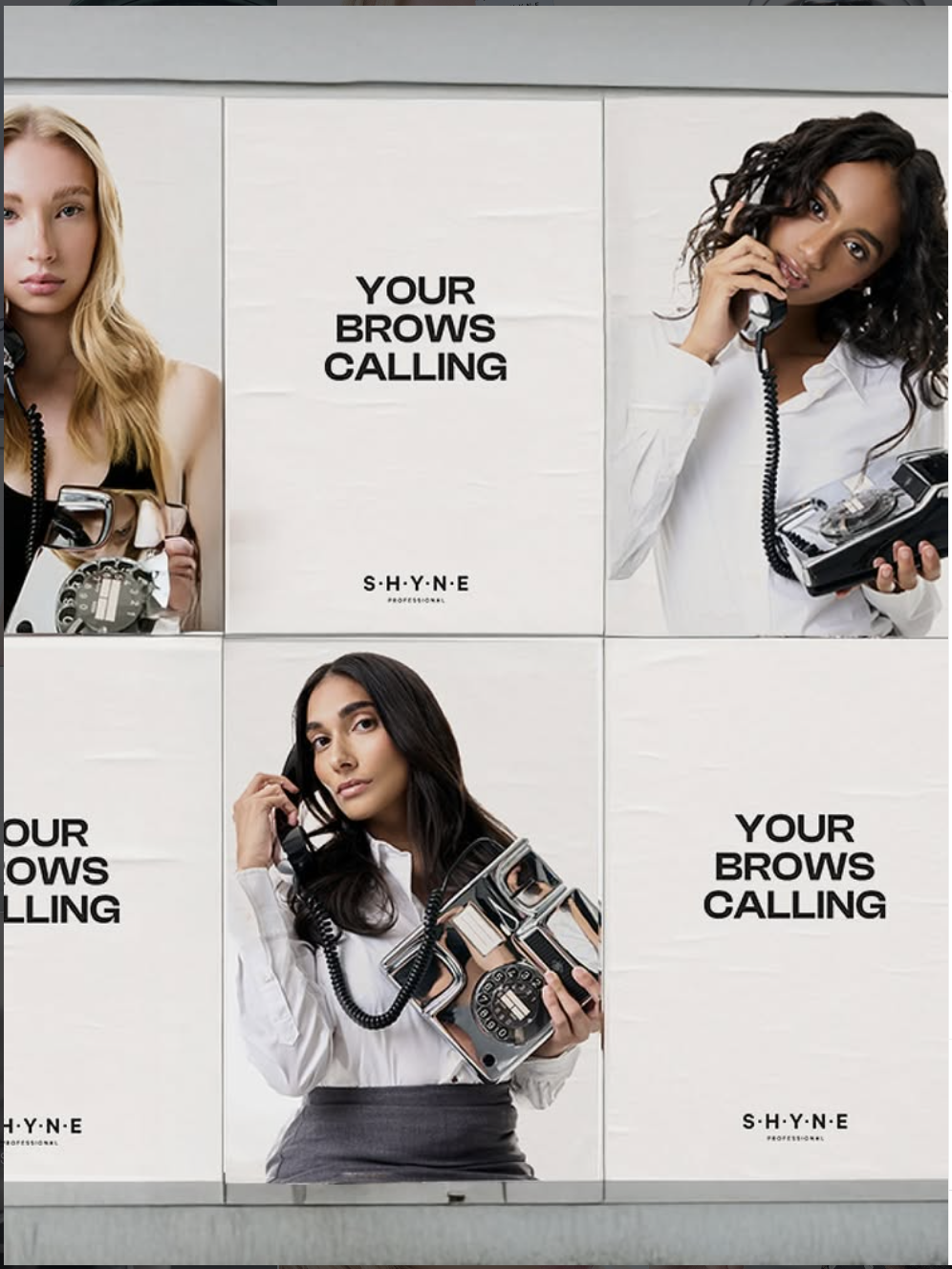 Advertisement featuring three women holding vintage rotary phones against a plain background. Text in the center reads 'YOUR BROWS CALLING.'