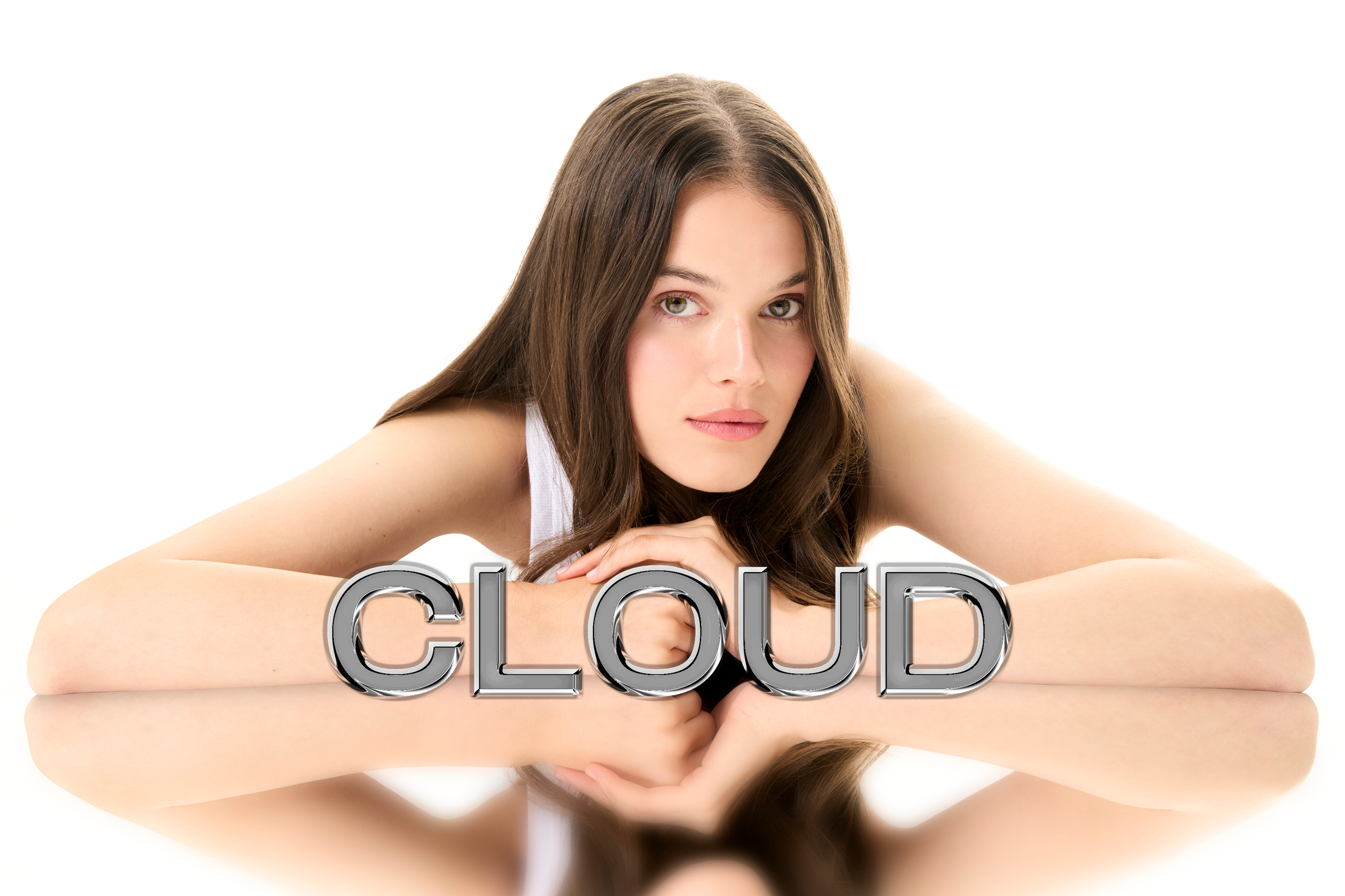 A young woman with brown hair and green eyes resting her arms on a reflective surface, with the word 'CLOUD' in bold, metallic letters in front of her.