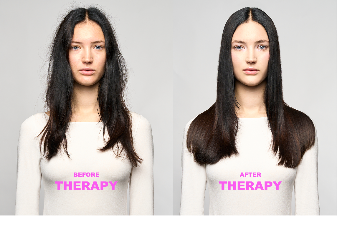 Side-by-side comparison of a woman before and after therapy, showing improved hair health and smoothness after therapy.