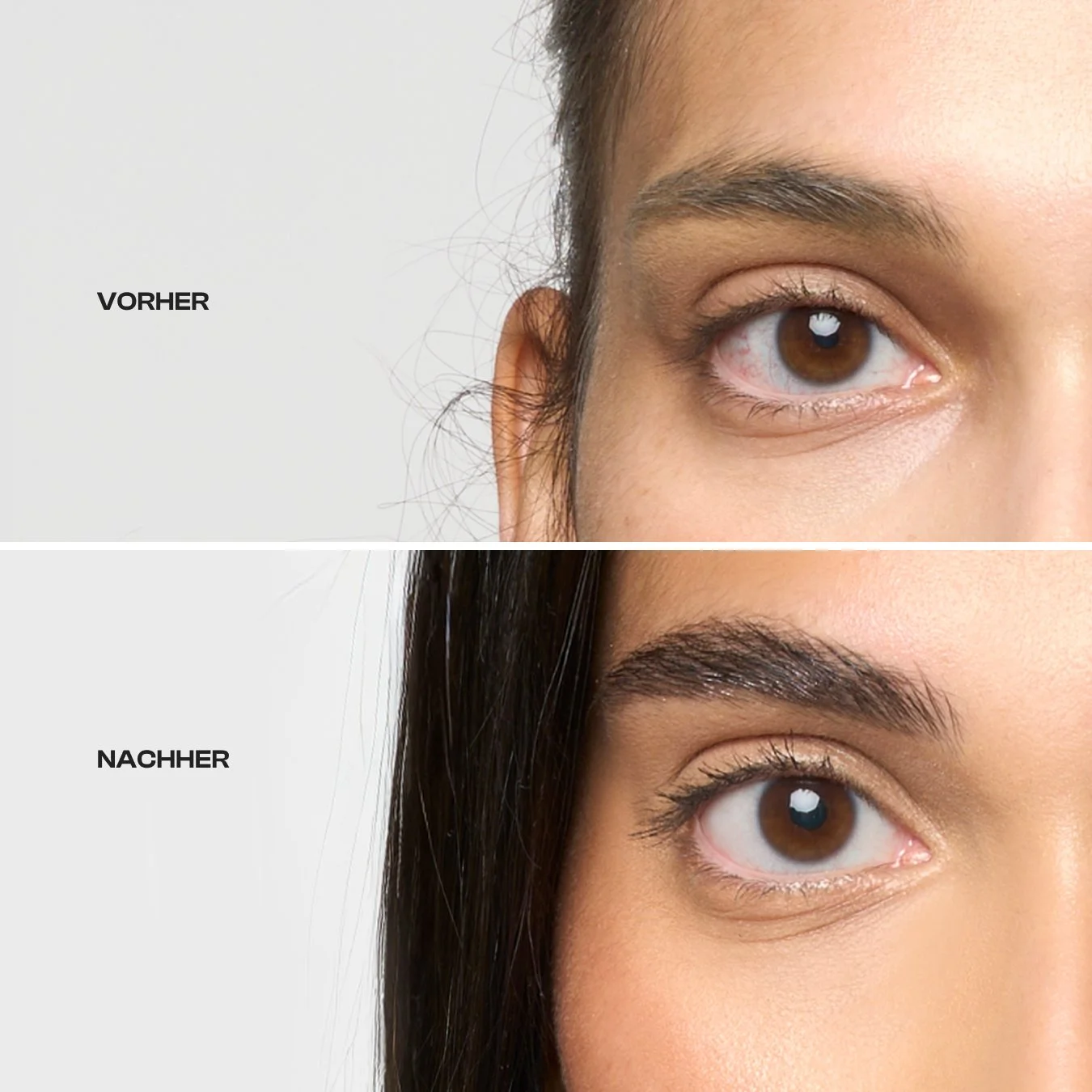 Comparison of a woman's eye before and after getting her eyebrows and eyelashes groomed, with the 'before' image showing unkempt hair and the 'after' image showing well-groomed, styled hair.