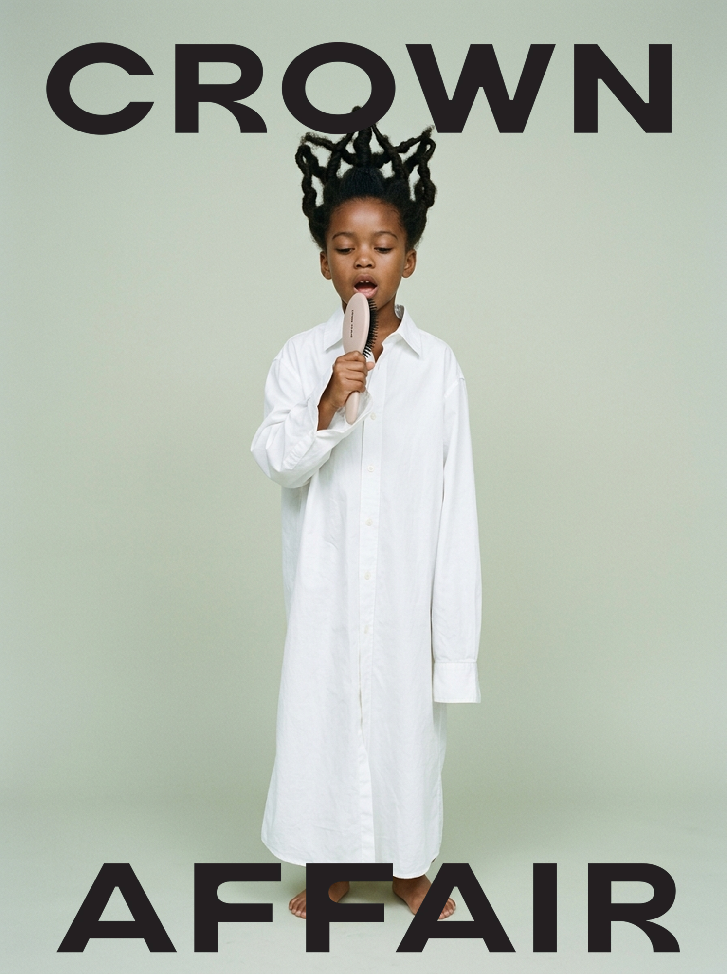 A young person with dreadlocks stands barefoot wearing a white oversized shirt, holding a hairbrush near their chin, with large black text reading 'CROWN' at the top and 'AFTER' at the bottom on a plain light green background.