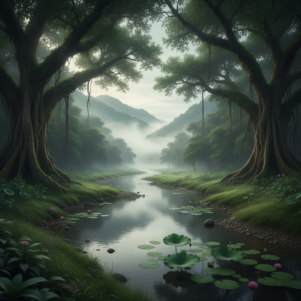 A serene landscape of a river flowing through a lush green forest with large, old trees and misty mountains in the background.
