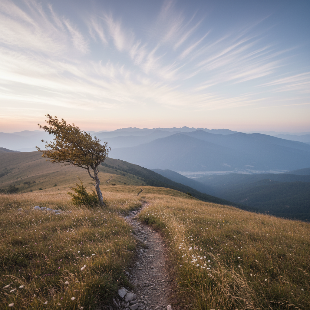 A mountain landscape at sunrise with a single tree on a grassy hill, a dirt path, and distant mountain ranges under a sky with wispy clouds.