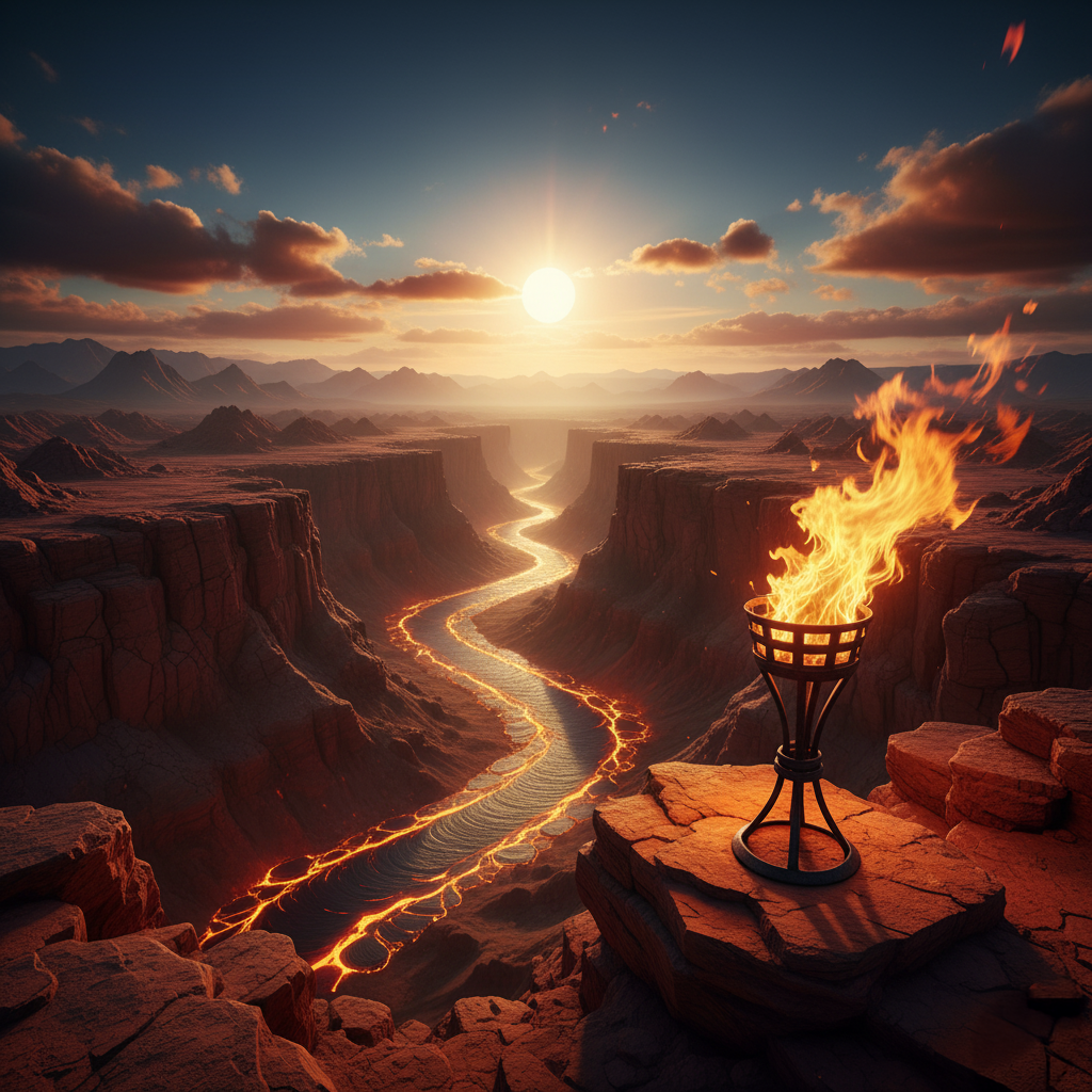 Sunset over a canyon with flowing lava in the river below and a burning torch on a rock in the foreground.