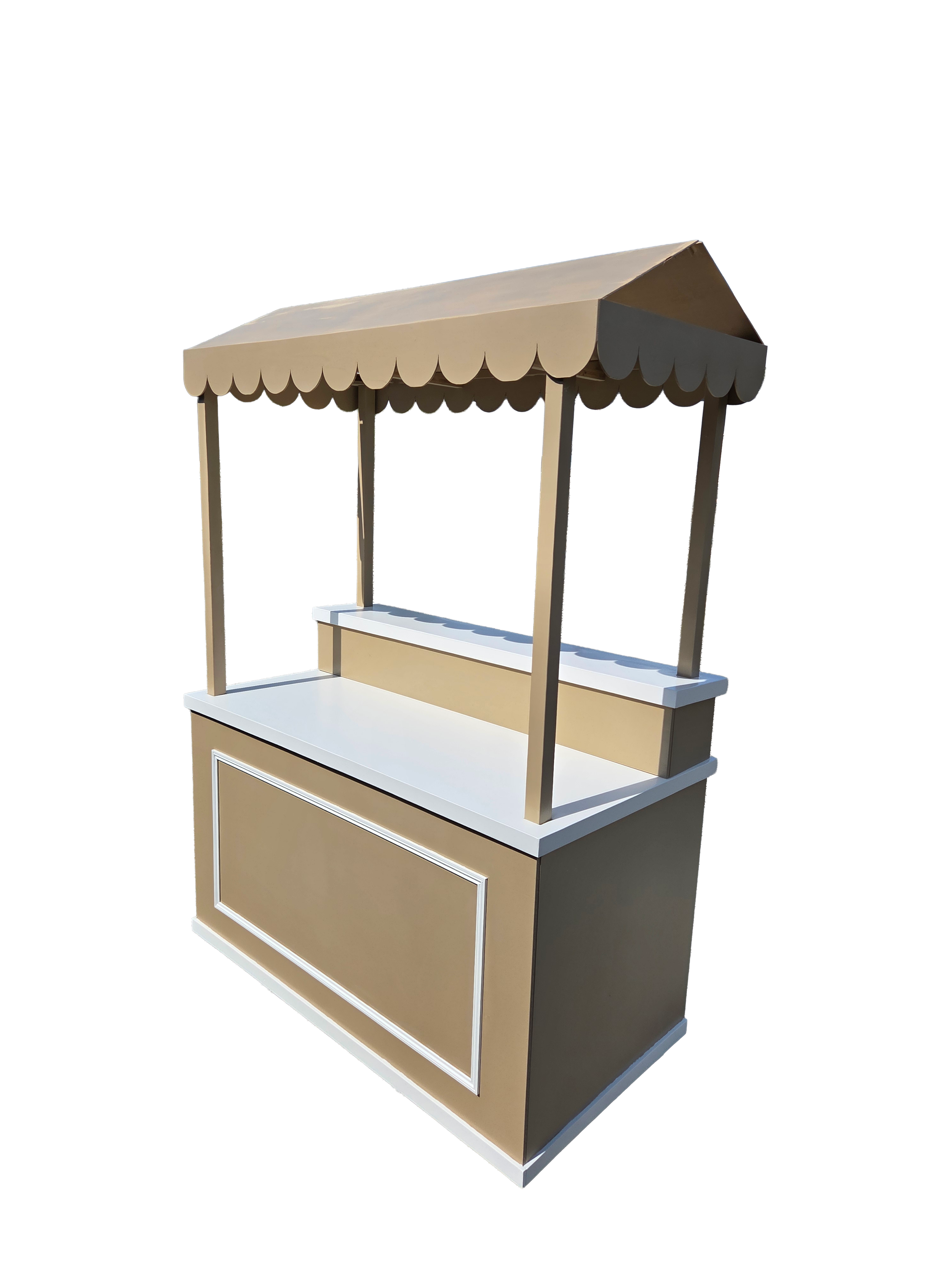 Kiosque de vente en bois coloré avec toit beige et comptoir blanc, fabriqué par Wood Event 33 pour événements