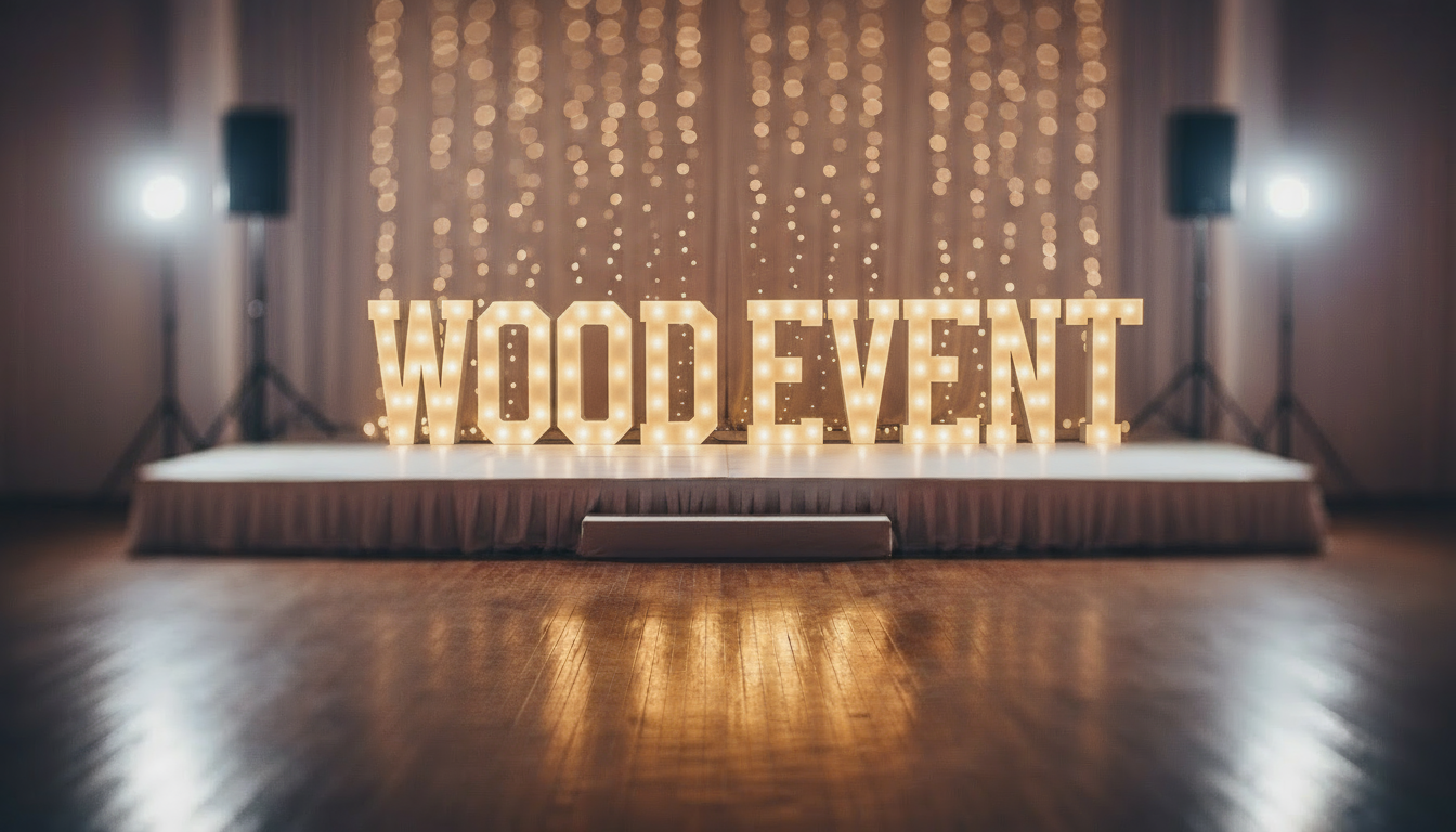 Décoration de fête avec lettres lumineuses formant le mot "WOODEVENT" sur une scène avec des lumières en arrière-plan et deux haut-parleurs.
