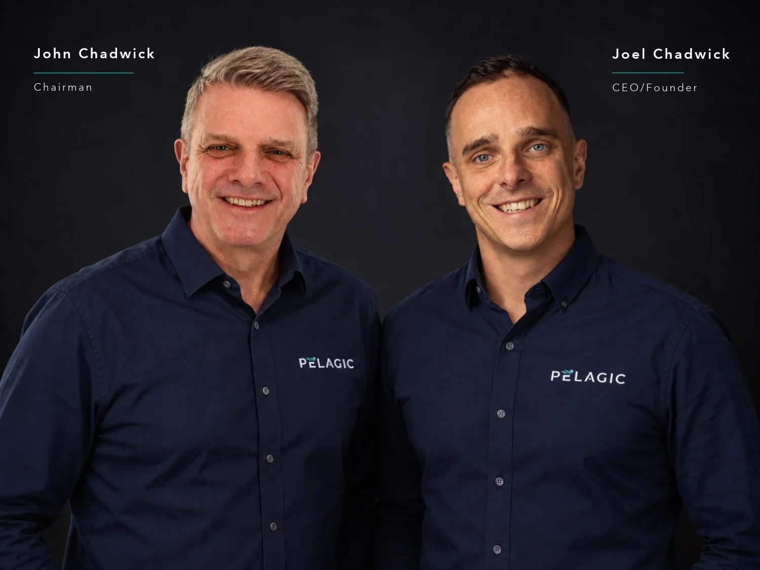 Two men smiling wearing navy blue shirts with 'Pelagic' logo, standing against a dark background, with names and titles labeled: John Chadwick, Chairman, and Joel Chadwick, CEO/Founder.