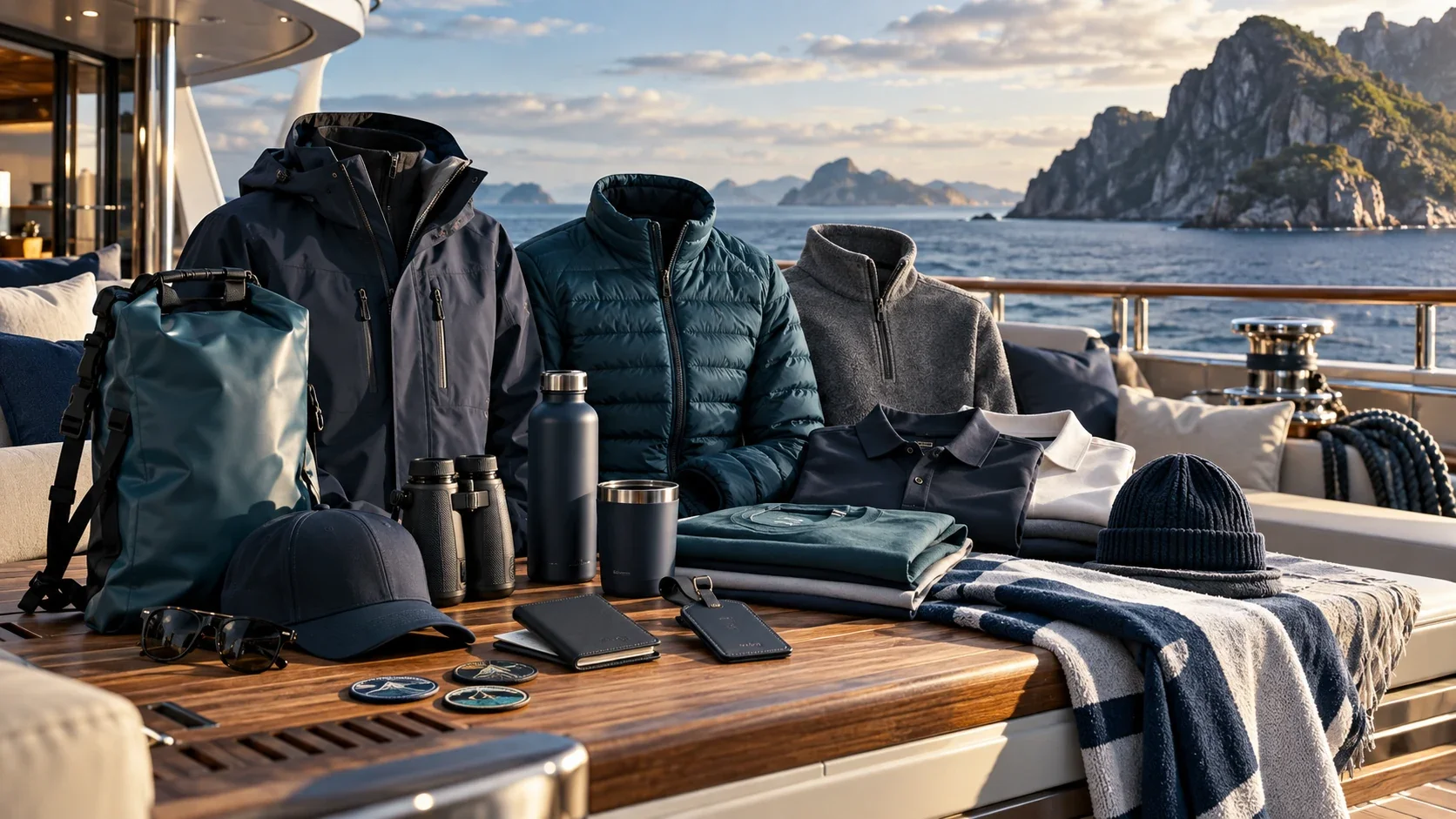 Clothing and accessories on a table on a yacht with water and islands in the background