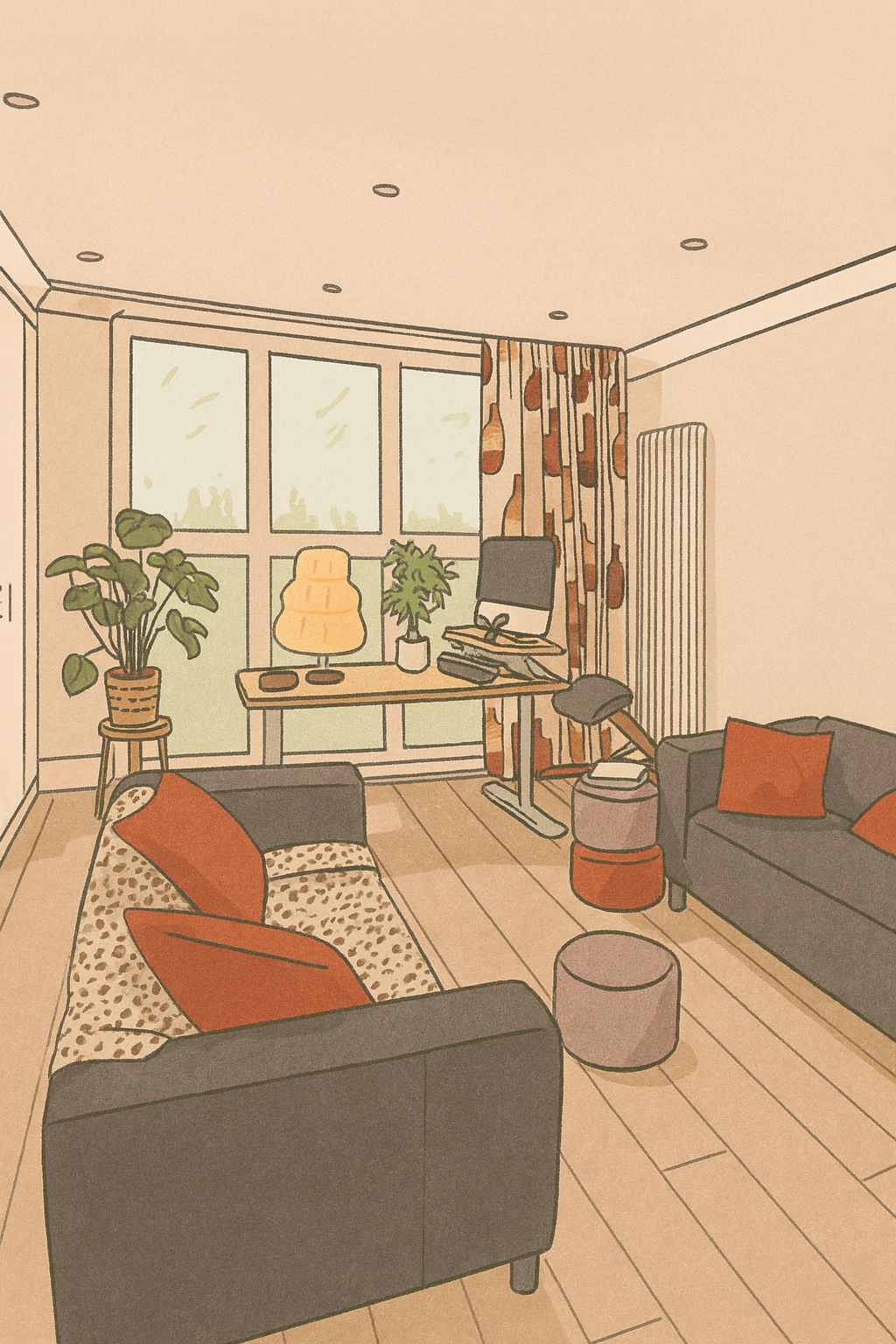 A cozy living room with two dark gray sofas with orange pillows, a small round ottoman, a wooden side table, a desk with a computer and plants, large windows, and patterned curtains, all in warm earthy tones.