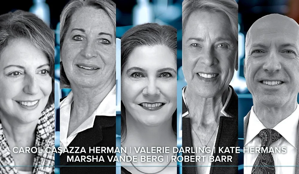 Group portrait of five professionally dressed individuals, four women and one man, with their names printed at the bottom.