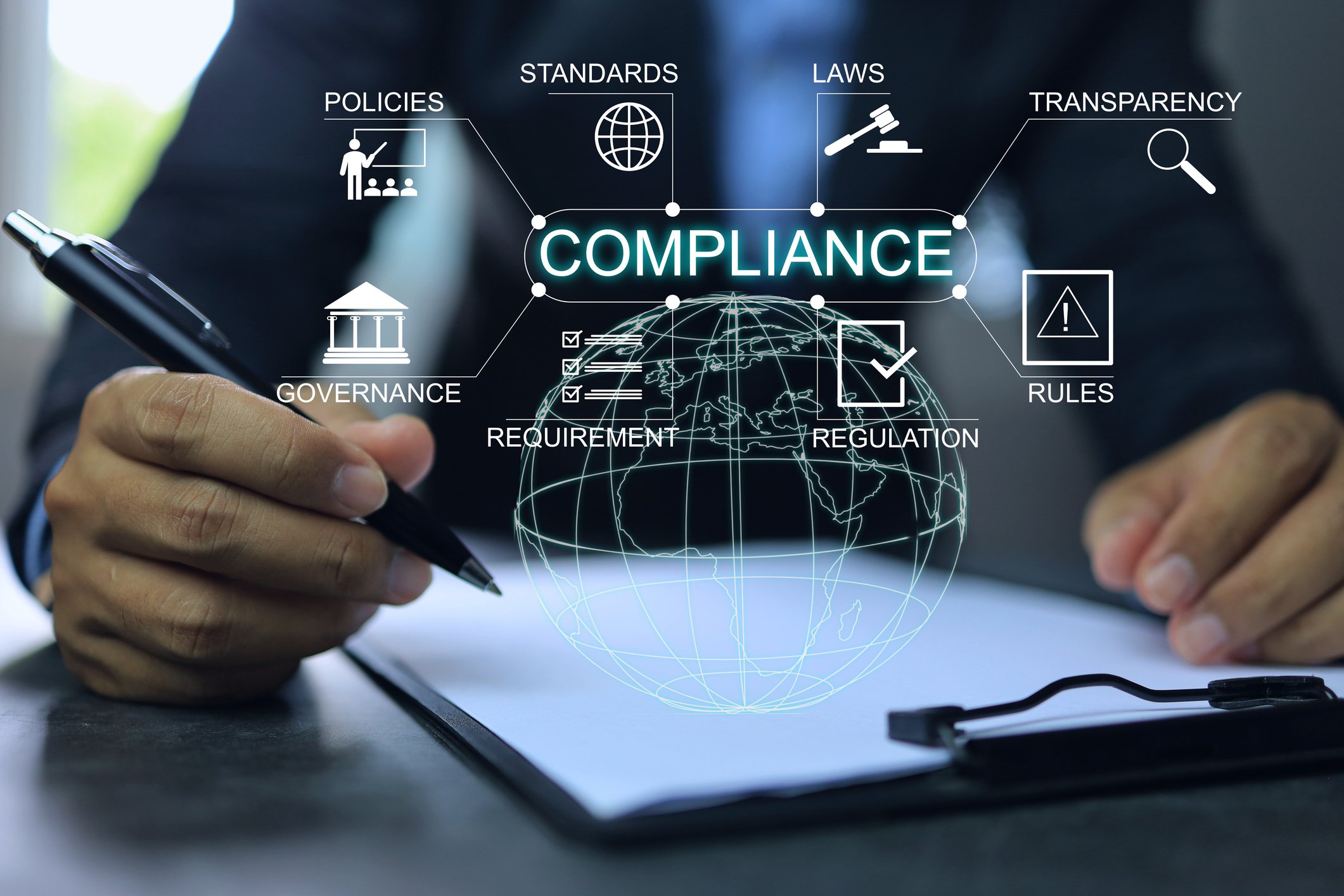 Digital illustration of compliance concepts with a globe at the center, surrounded by keywords like policies, standards, governance, laws, transparency, rules, regulation, requirement, and compliance, displayed as interconnected icons and text.
