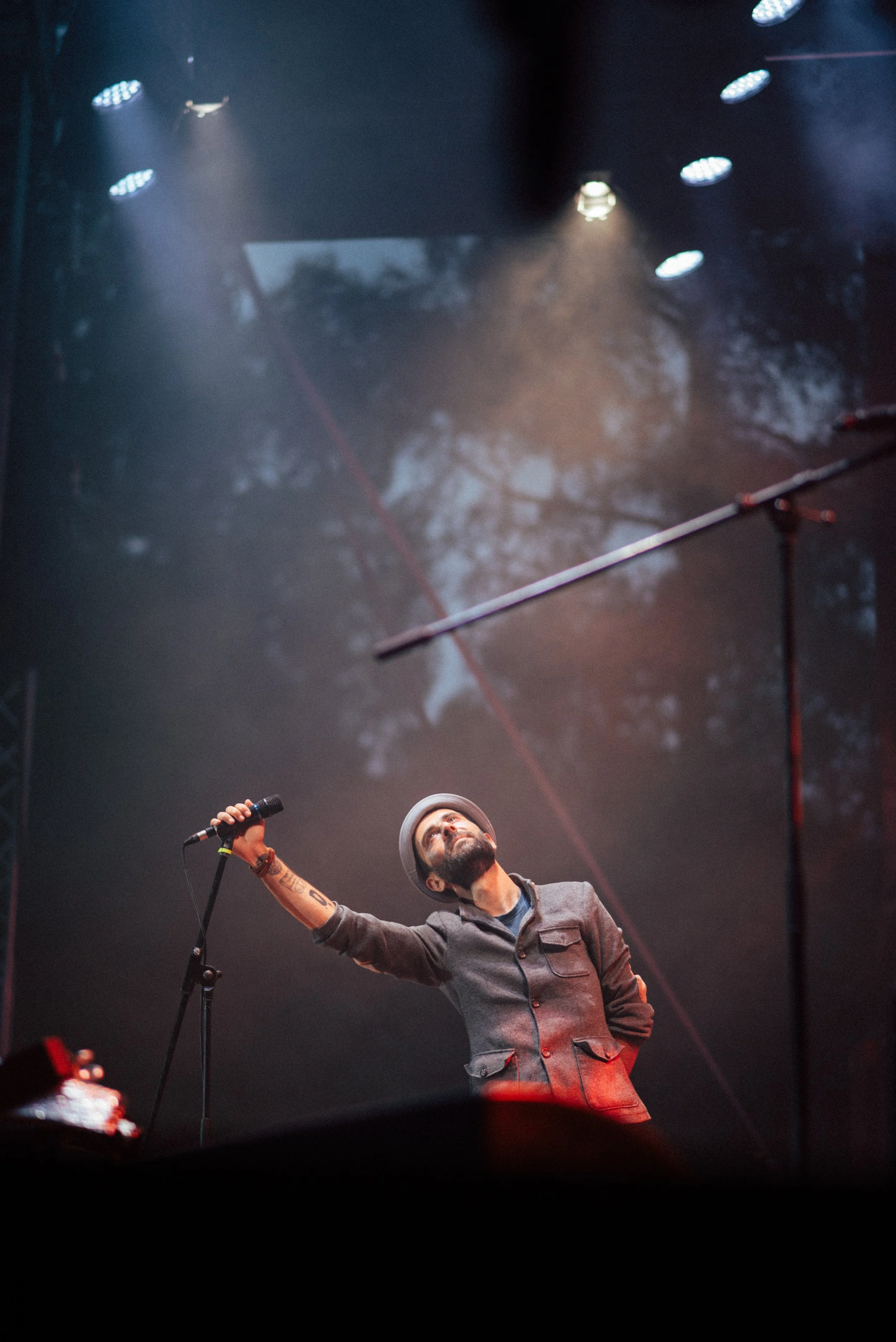 A male singer performs on stage, holding a microphone in his right hand, with a beard, tattoos, a gray jacket, and a gray hat. The stage has spotlights and a backdrop with tree shadows.