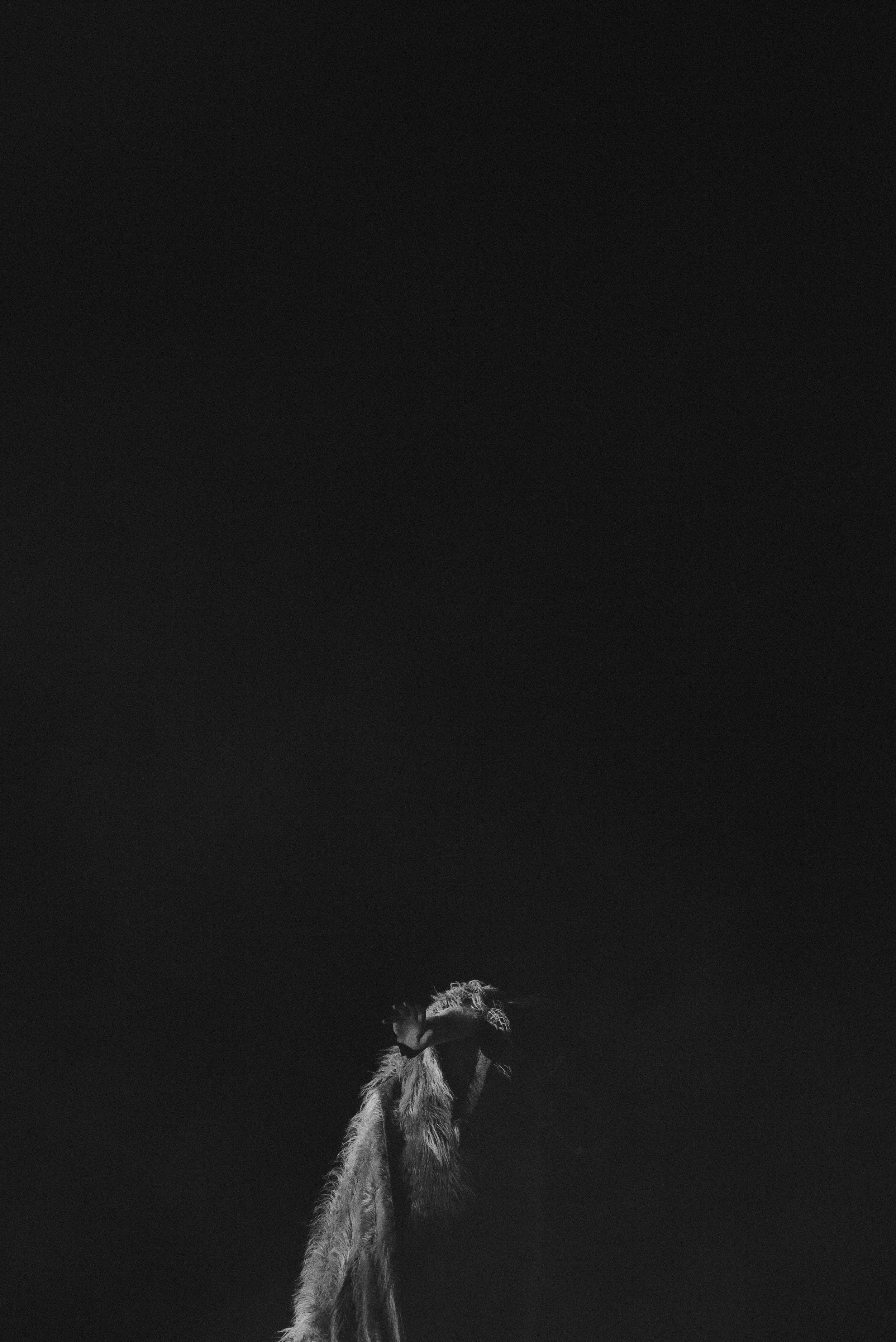 Black and white photograph of a giraffe's head and neck, with the giraffe appearing to be reaching up or stretching, against a dark background.