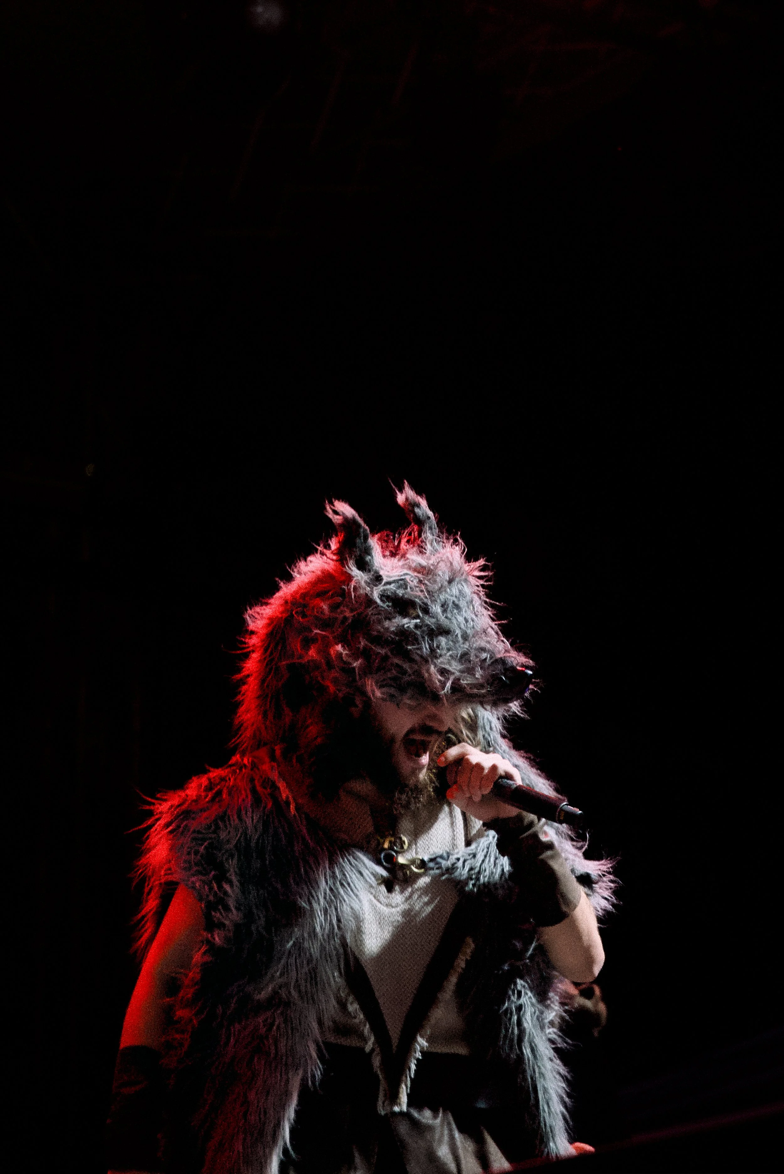 Person wearing a wolf costume performing on stage with a microphone.
