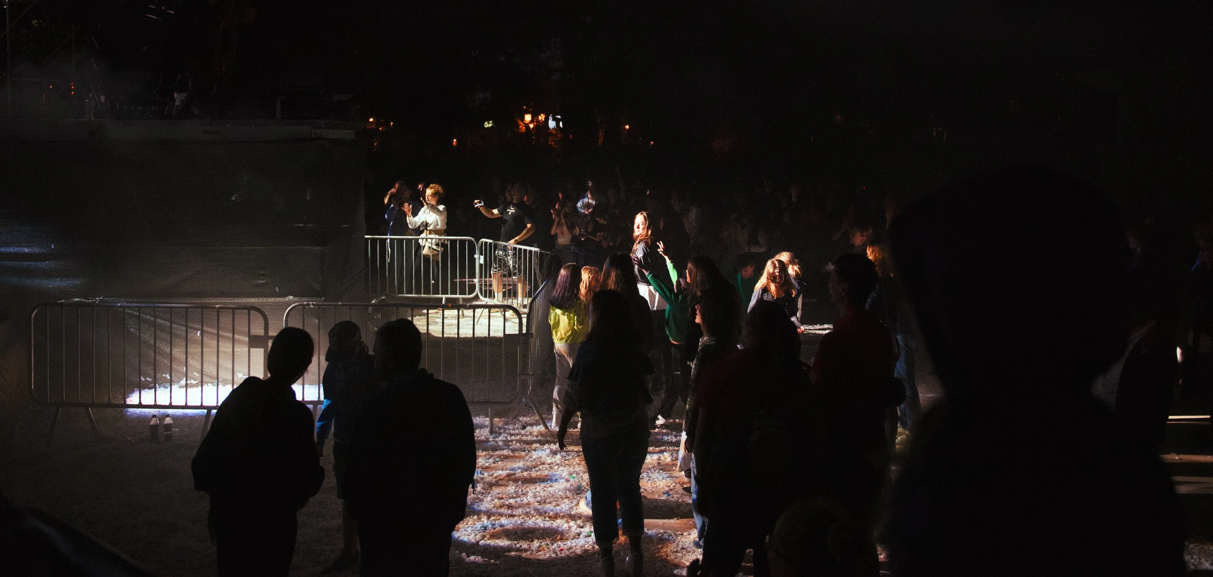 People gathered at night with some illuminated by stage or event lighting, crowd scene with metal barricades and a dark background.