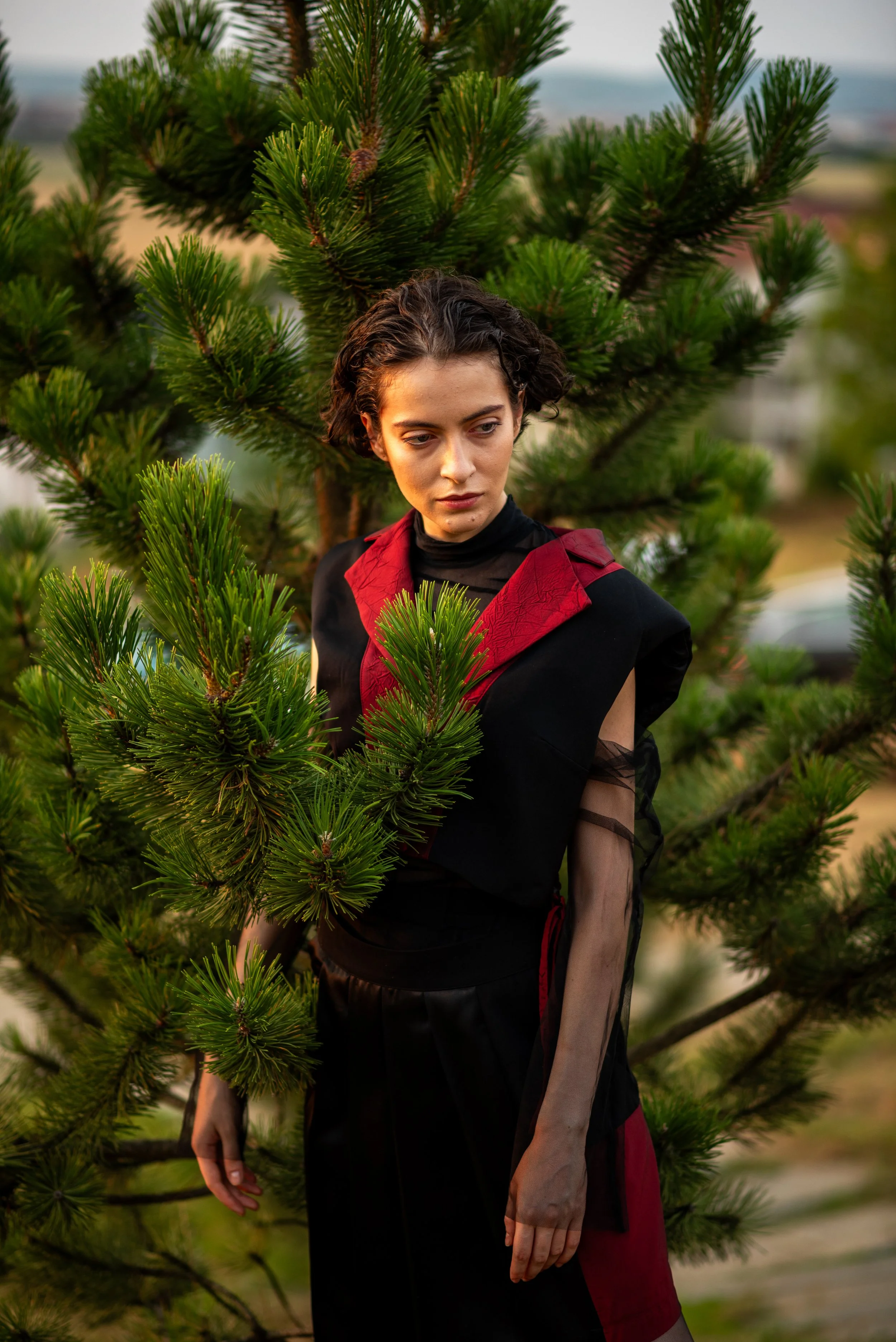 A woman with short dark hair standing among green pine trees, wearing a black and red dress with sheer black sleeves, looking down and to the side.
