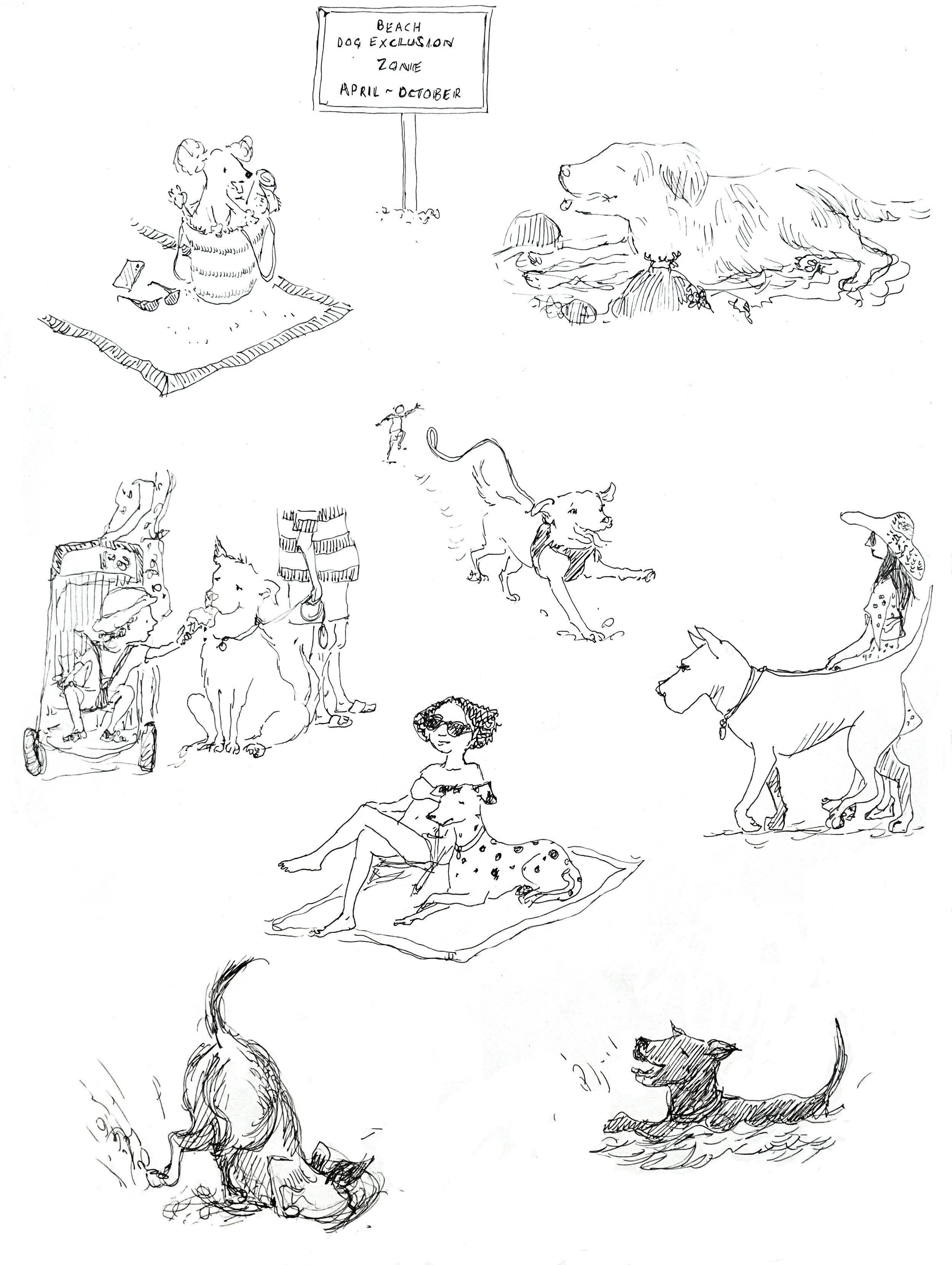 Dog free beach zone. Dogs and their owners illustration