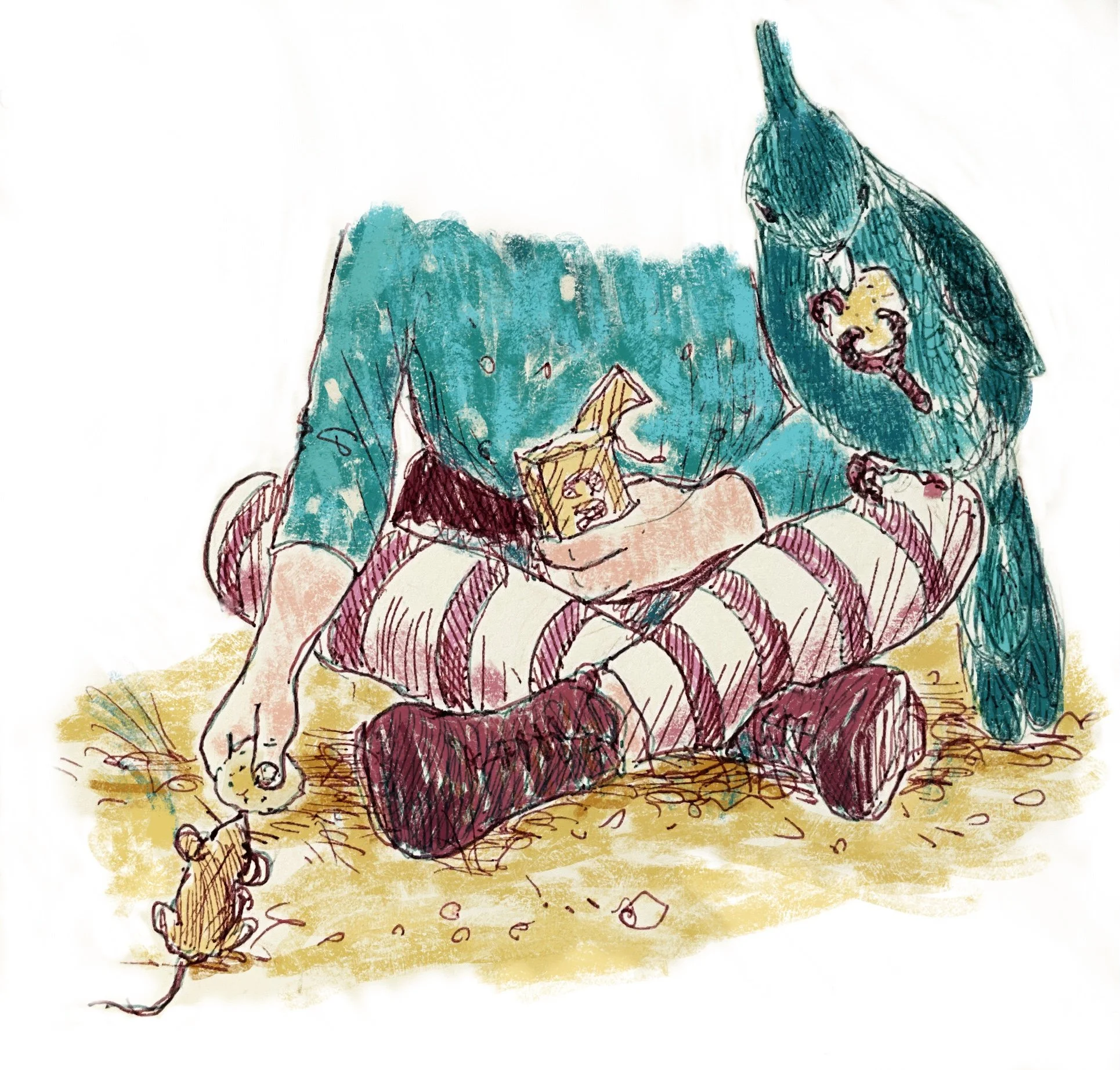 Coco shares her lunch. Story inspired by Inktober 2024 about a girl called Coco and her adventures when she opens her front door to a new world where she befriends a parrot, a mouse and a boy and his dog in a far away land.