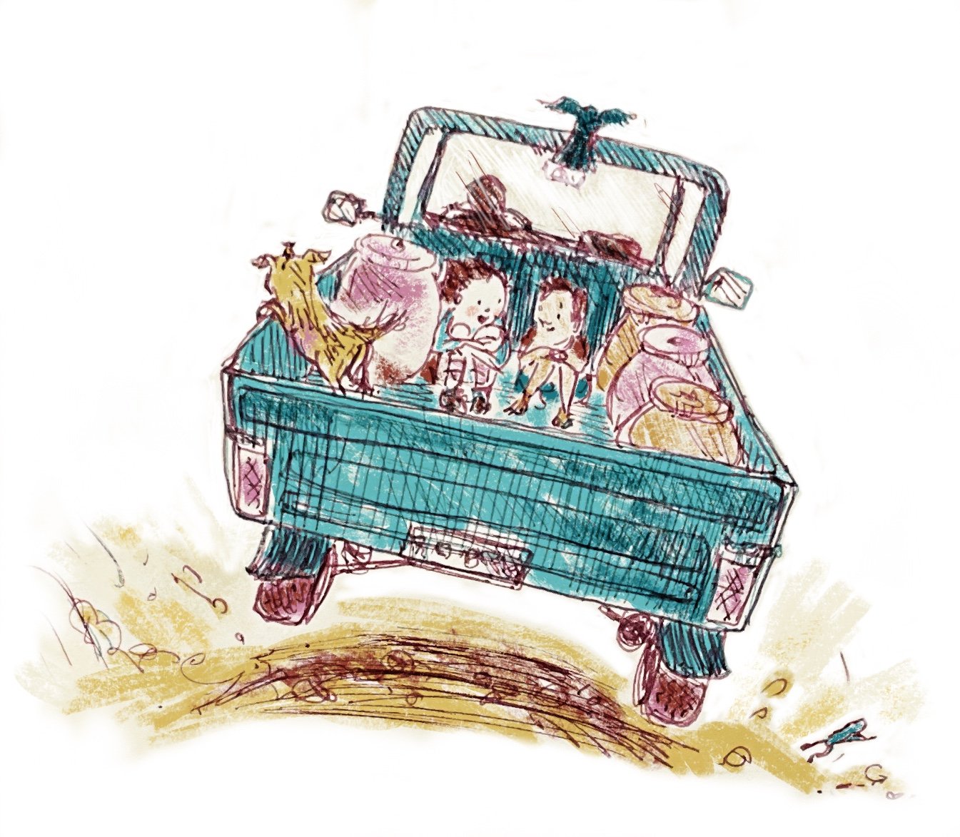 Coco hitches a lift. Story inspired by Inktober 2024 about a girl called Coco and her adventures when she opens her front door to a new world where she befriends a parrot, a mouse and a boy and his dog in a far away land.