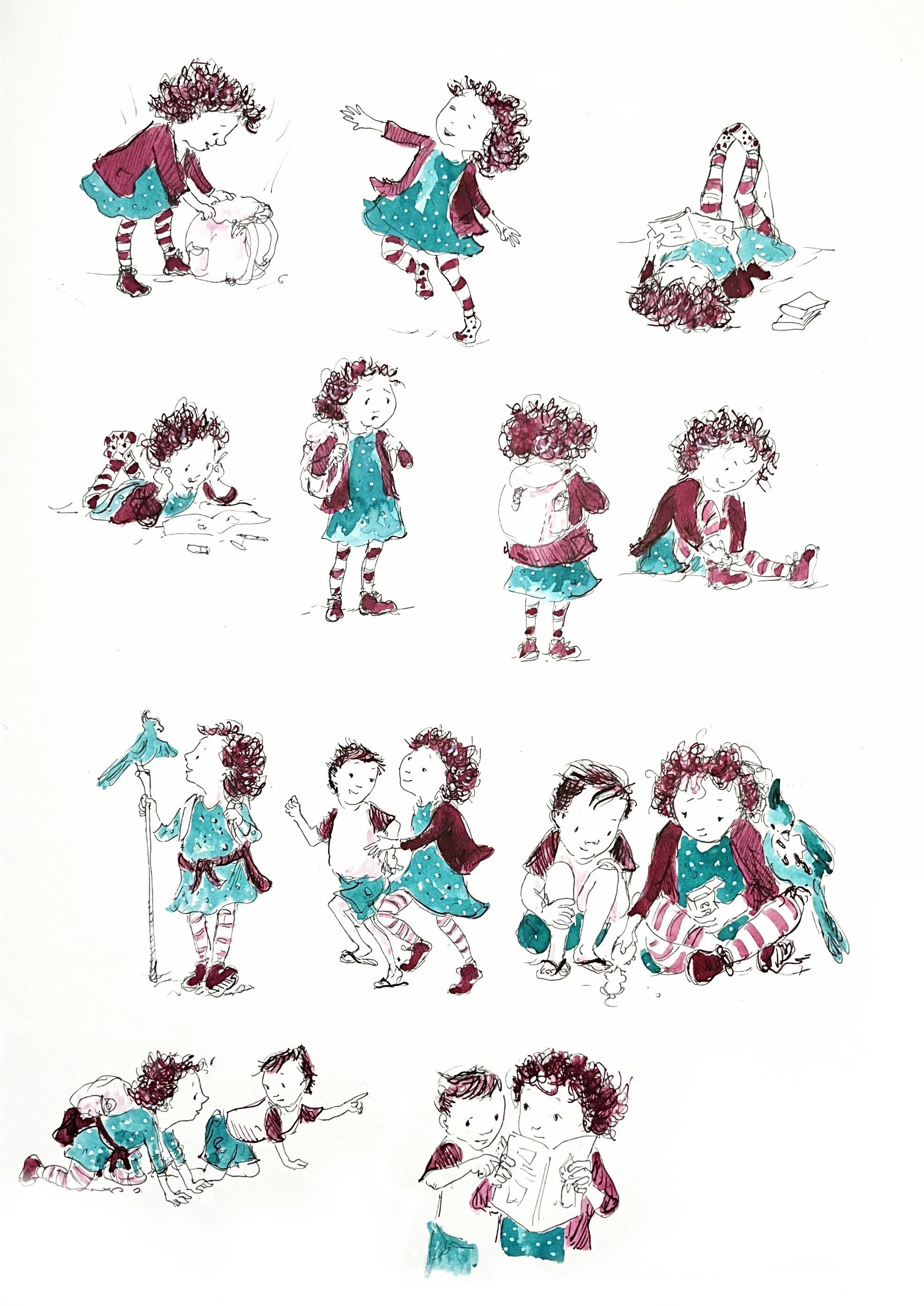 Coco character sheet. Story inspired by Inktober 2024 about a girl called Coco and her adventures when she opens her front door to a new world where she befriends a parrot, a mouse and a boy and his dog in a far away land.