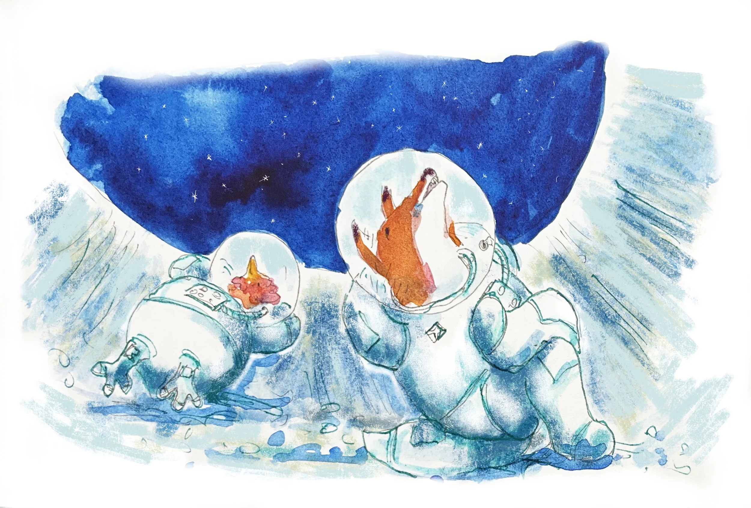 Fox and Chicken enjoy the stars - Story about two astronaut friends, a Fox and a Chicken
