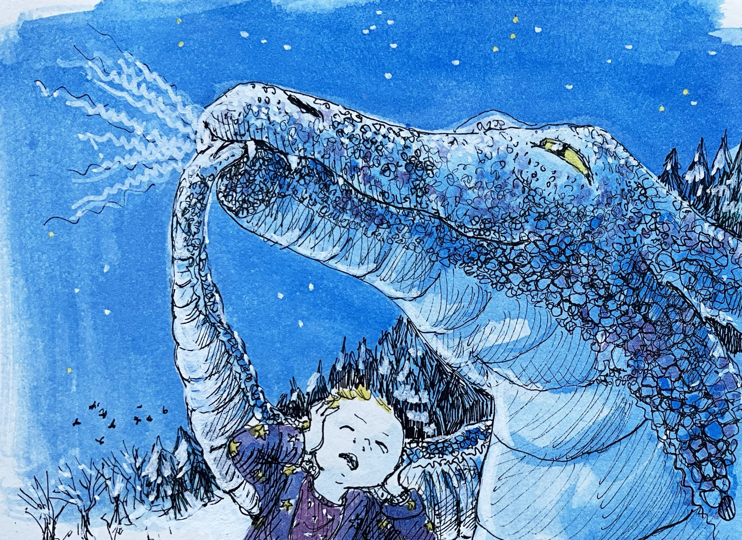 Once Upon A Winter - Whistle
Illustration for a series of prompts from an Instagram challenge. A young boy finds an ice dragon who takes him away and helps him discover his strength and  courage