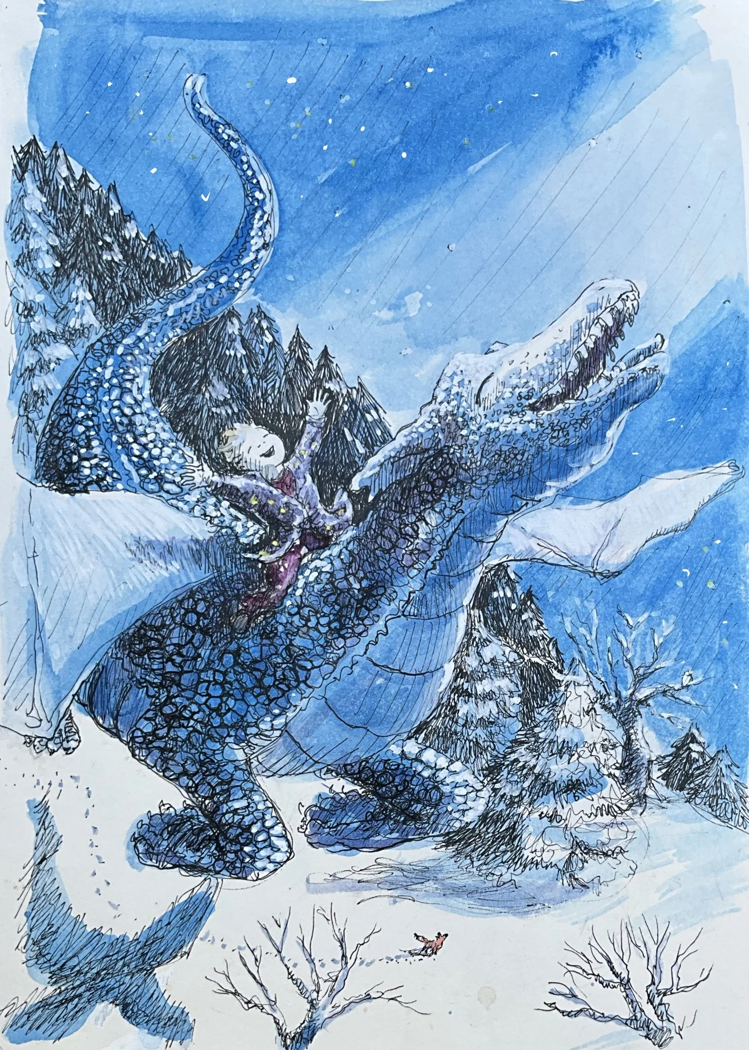 Once Upon A Winter - Moonbeam
Illustration for a series of prompts from an Instagram challenge. A young boy finds an ice dragon who takes him away and helps him discover his strength and  courage