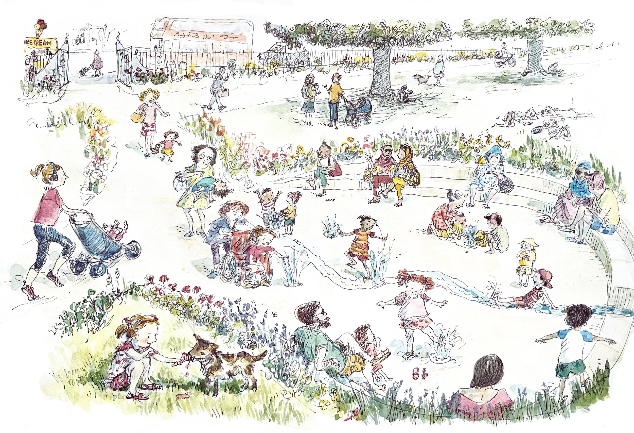 Summer in the park - illustration of an imaginary scene in a city park.