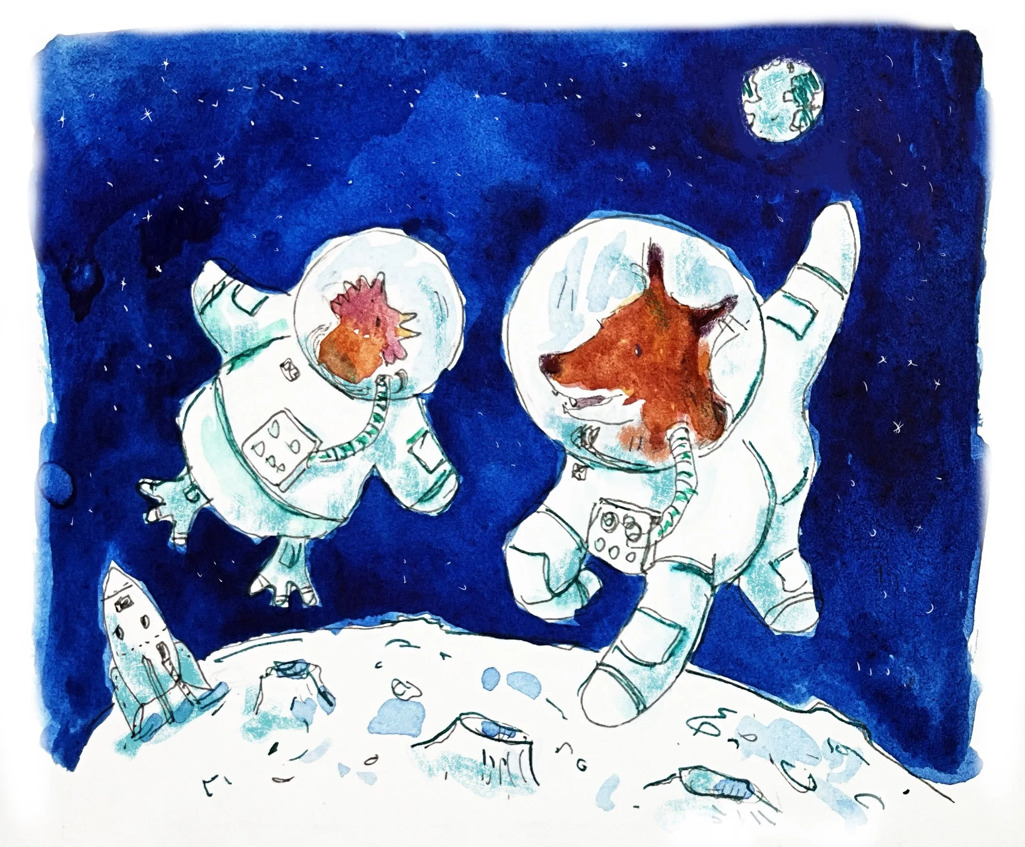 Fox and Chicken start their space walk - Story about two astronaut friends, a Fox and a Chicken