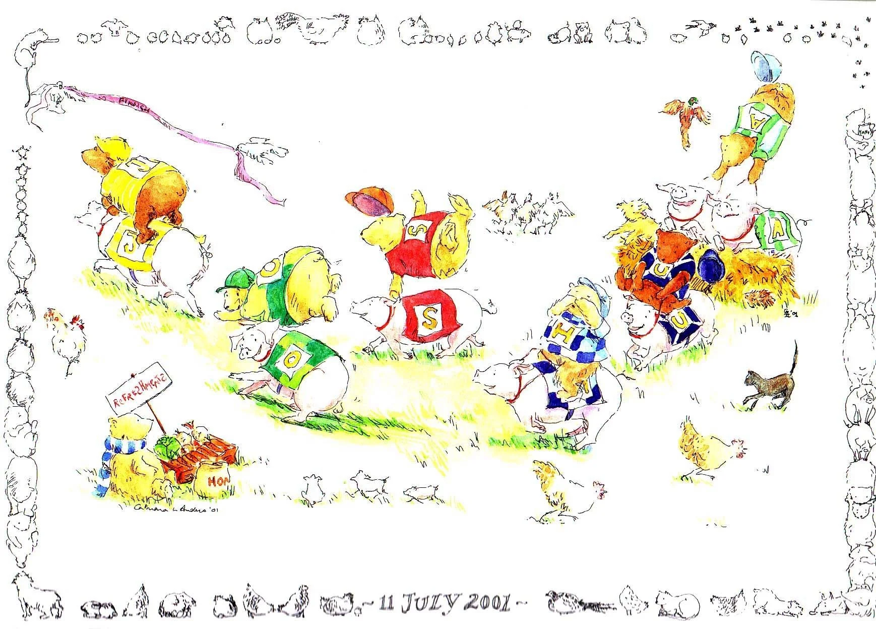 Joshua - The bears and pigs in the steeplechase. Private commission for new baby