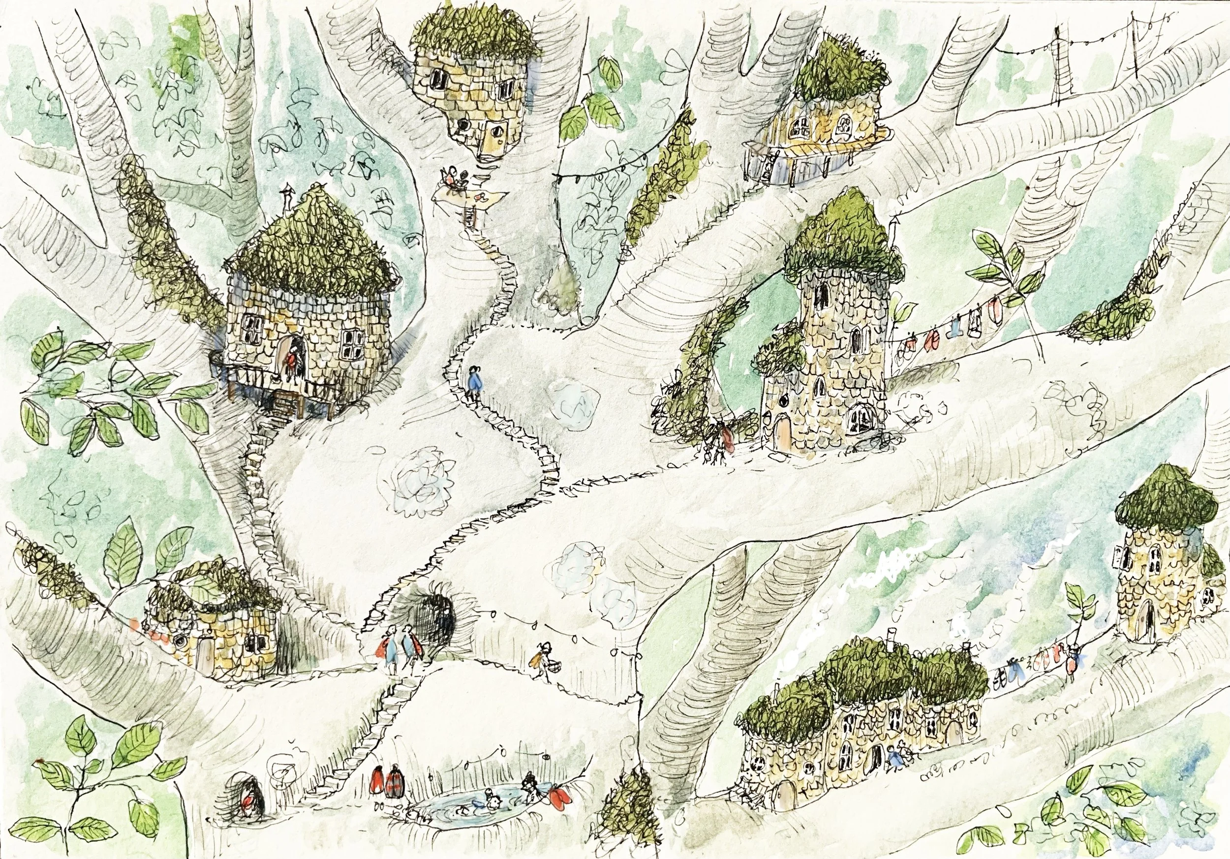 Tree houses and the tree people. A world in the woods full of woodland folk.