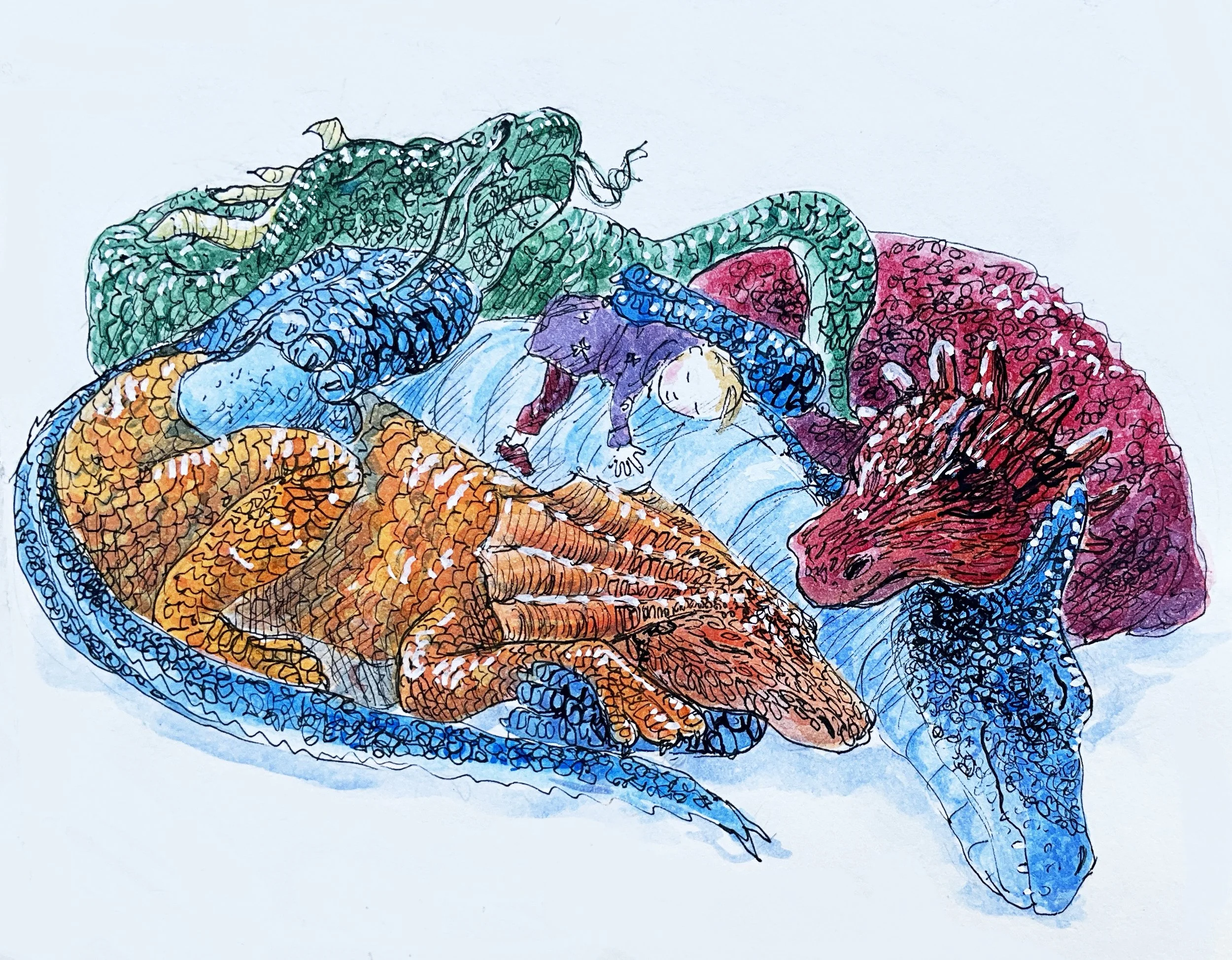 Once Upon A Winter - Snug
Illustration for a series of prompts from an Instagram challenge. A young boy finds an ice dragon who takes him away and helps him discover his strength and  courage