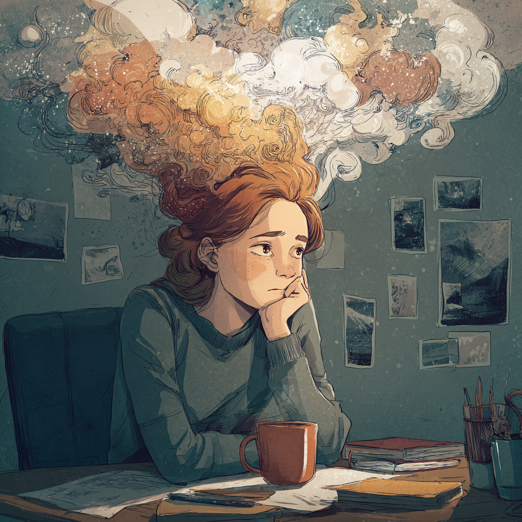 Illustrated woman sitting at a desk overwhelmed by a swirling thought cloud above her head, representing how mental compulsions in OCD feel like uncontrollable thinking rather than visible rituals