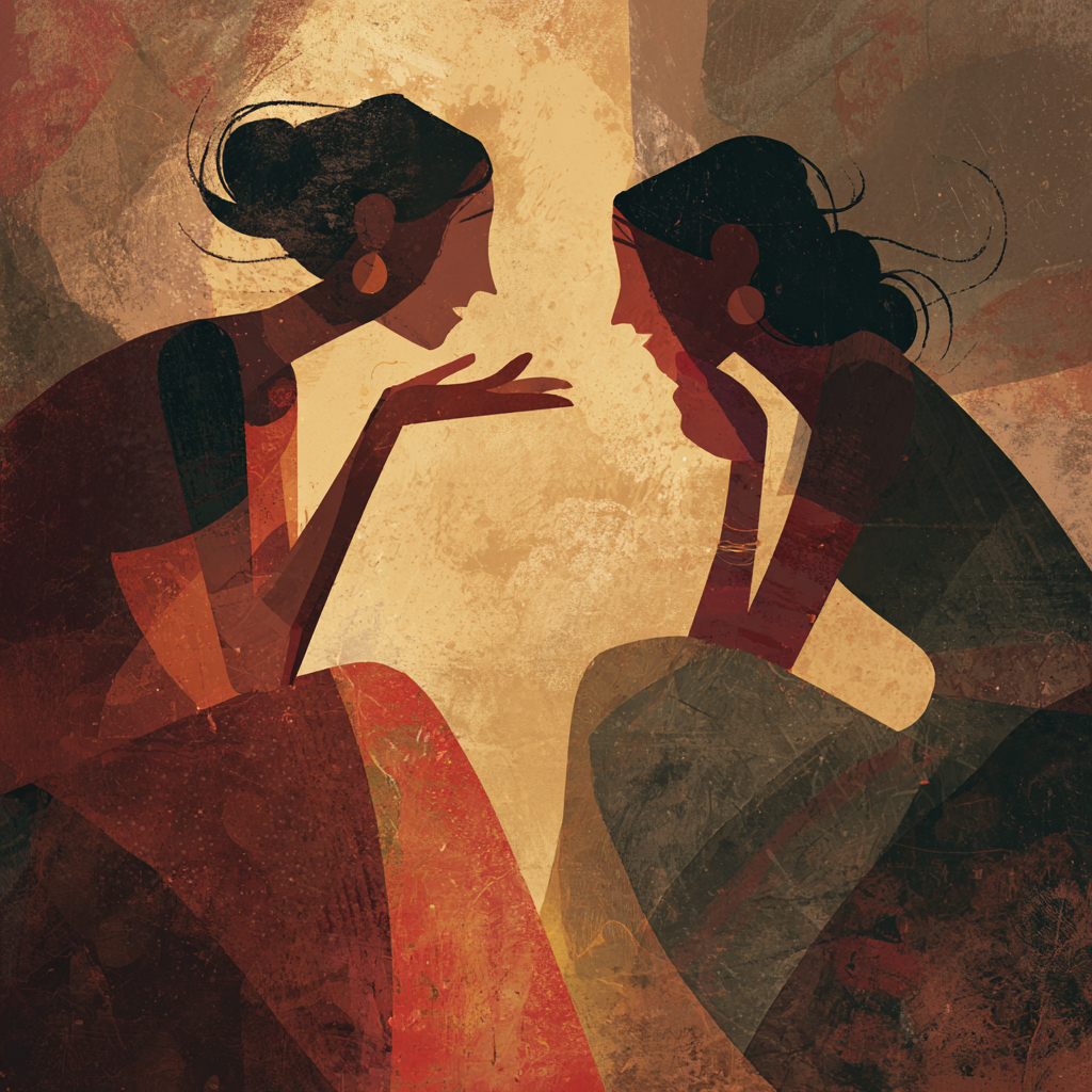 Illustrated image of two Indian women in close conversation, one reaching toward the other seeking comfort, representing the reassurance seeking dynamic in OCD within families