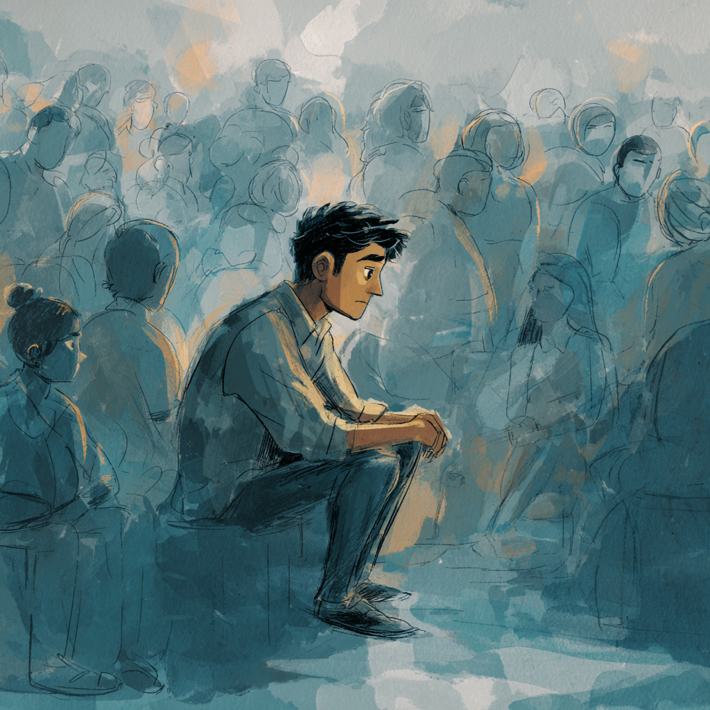 Illustrated Indian man sitting alone in a crowd looking inward with quiet tension, representing the fear of losing control in OCD and the isolating experience of hypervigilance in public spaces