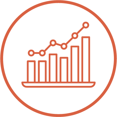 Icon of line and bar graph showing growth or increase in data within a circle