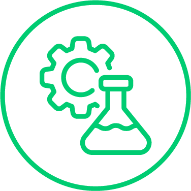 Icon of a gear and a laboratory flask inside a circle, representing science or engineering.